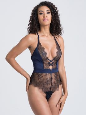 Lovehoney Dark Orchid Navy Satin and Lace Plunge Teddy
