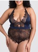 Lovehoney Dark Orchid Navy Satin and Lace Plunge Teddy, Blue, hi-res