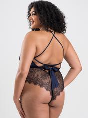 Lovehoney Dark Orchid Navy Satin and Lace Plunge Teddy, Blue, hi-res