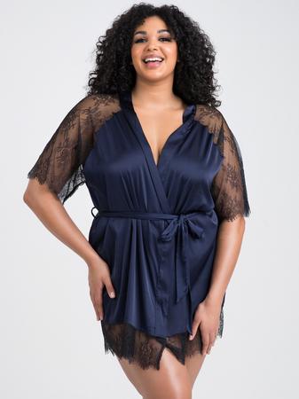 Lovehoney Plus Size Dark Orchid Navy Satin and Lace Robe