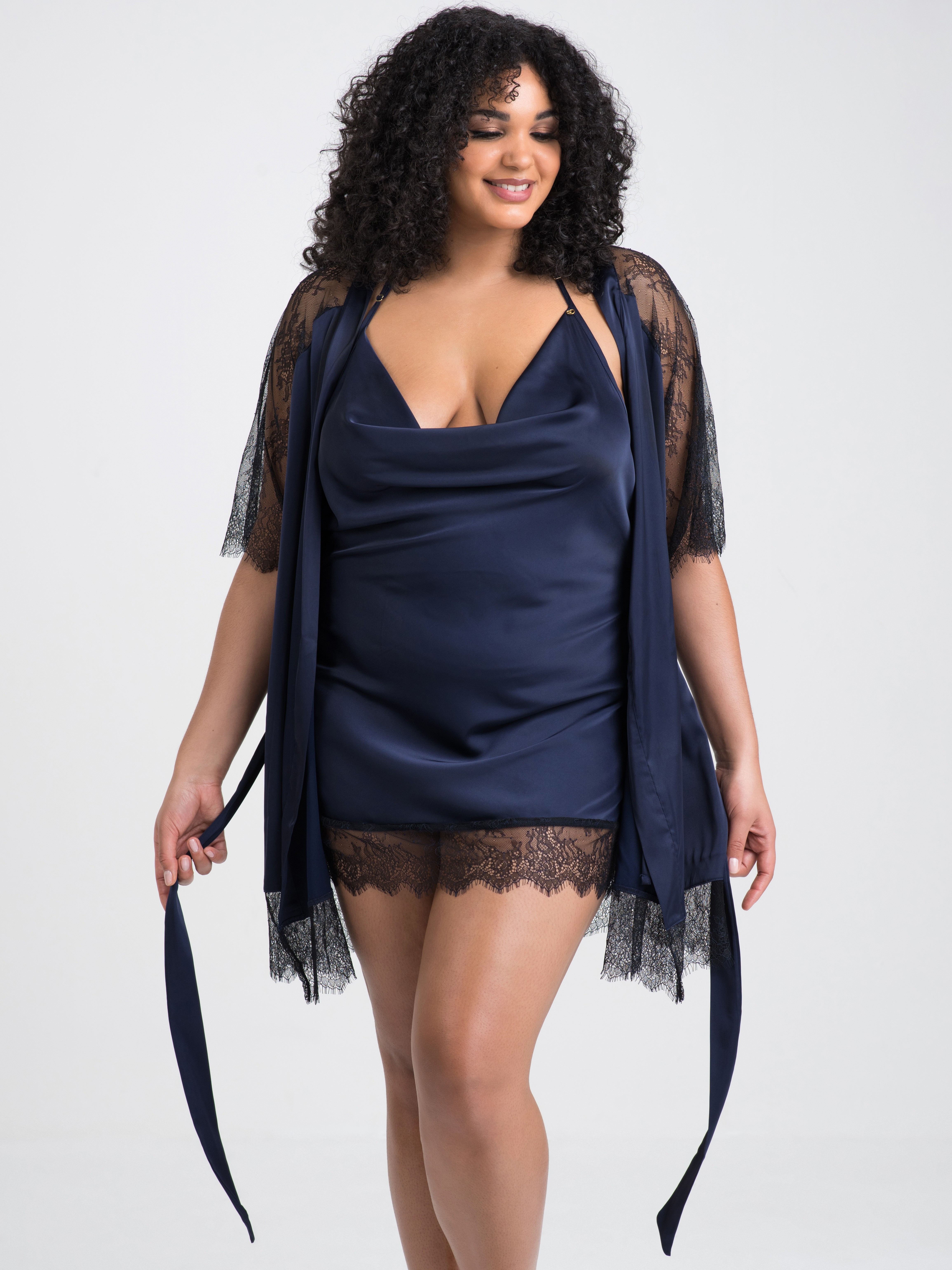 Lovehoney Dark Orchid Navy Satin and Lace Robe, Blue, hi-res