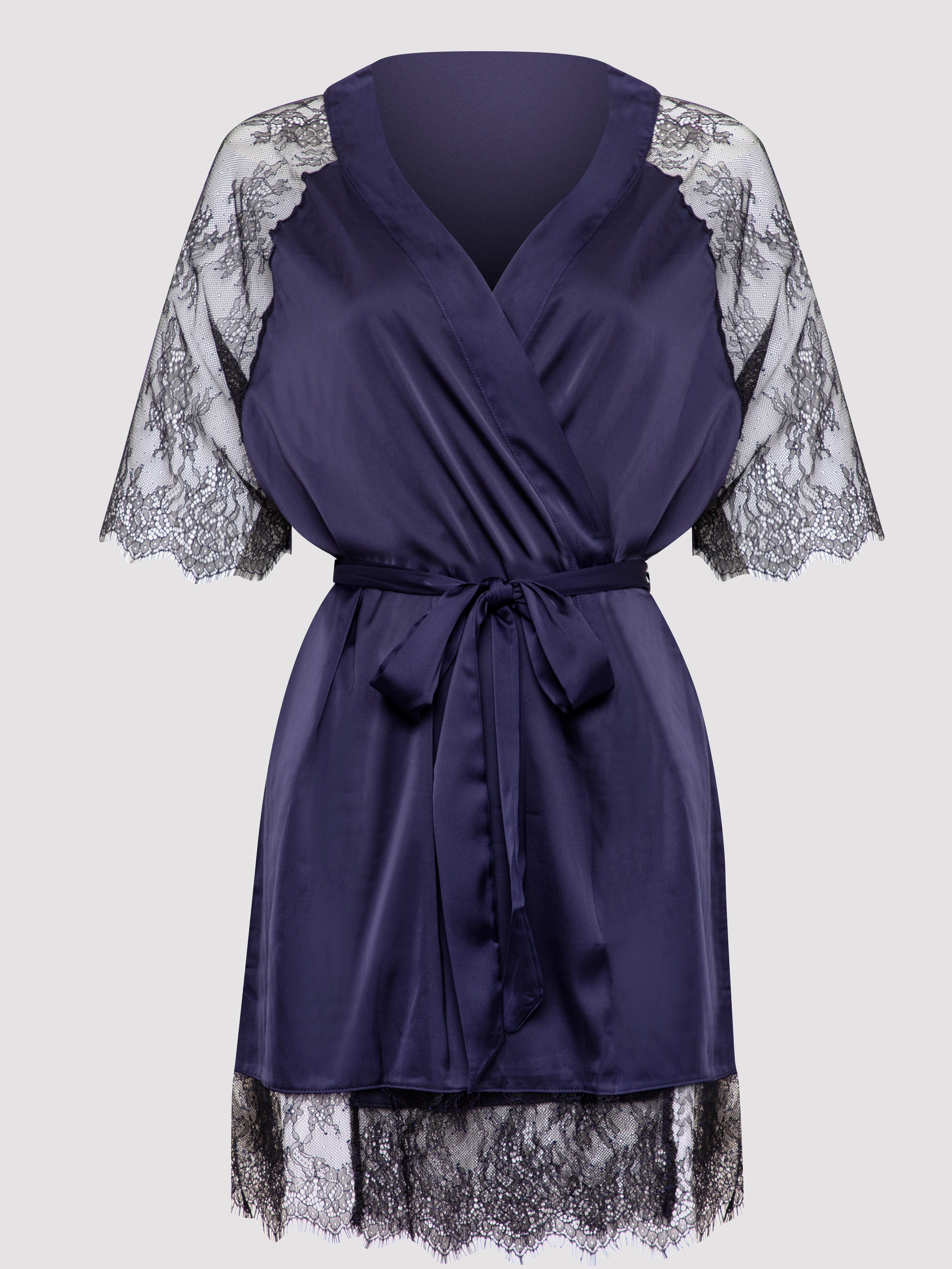 Lovehoney Dark Orchid Navy Satin and Lace Robe, Blue, hi-res