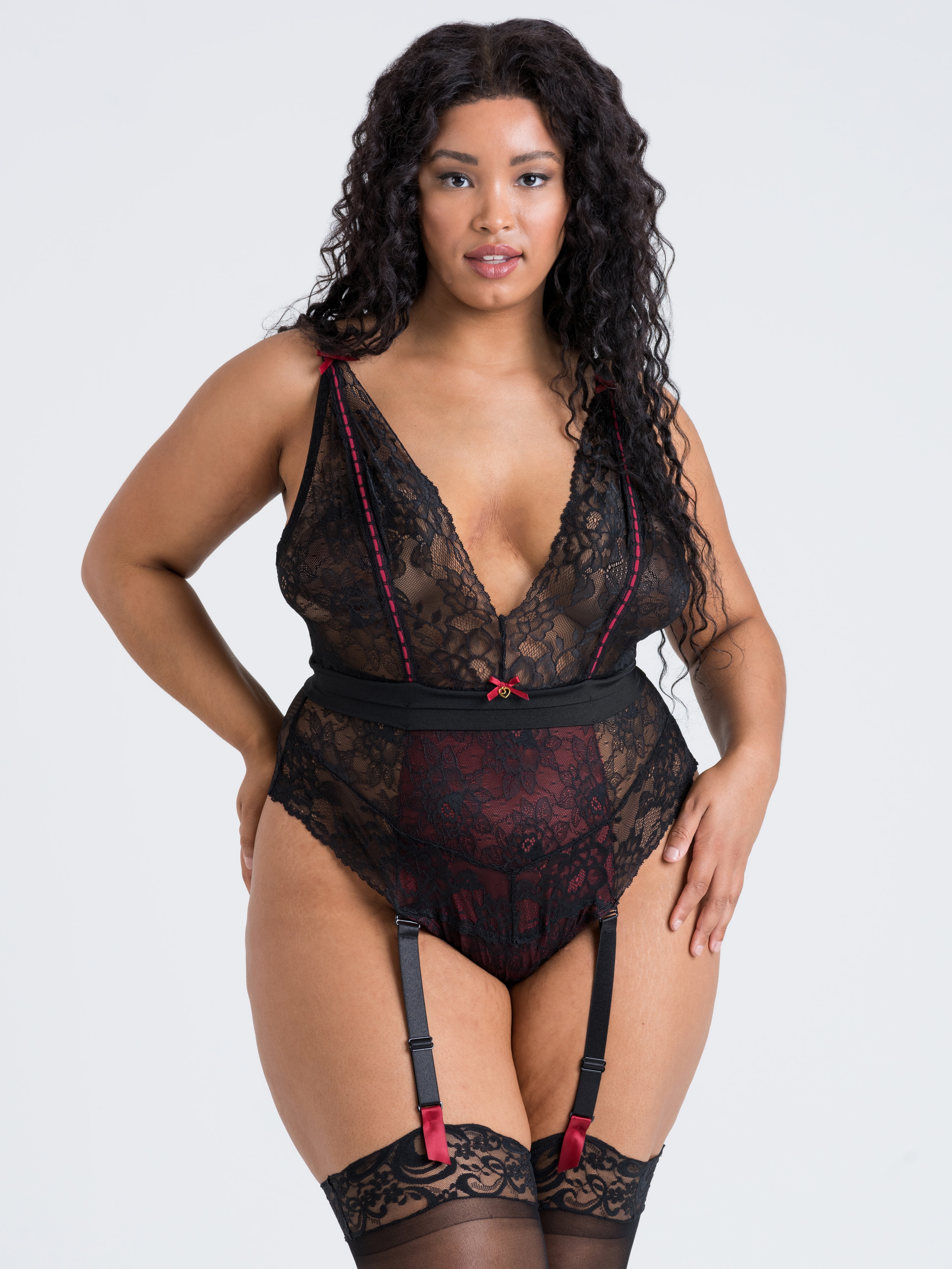 Lovehoney Plus Size Twilight Rose Black Lace Suspender Body, Black, vanilla