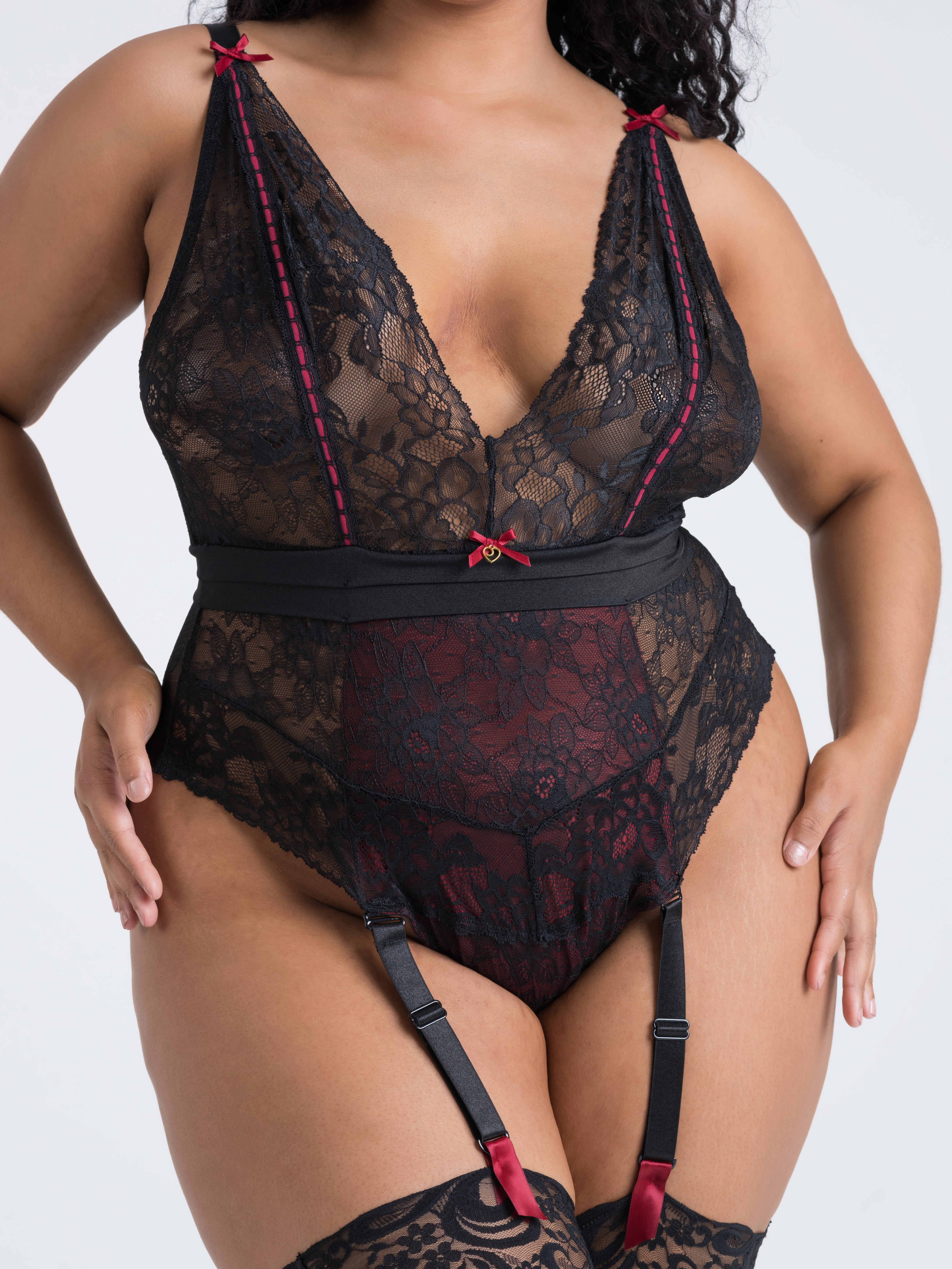 Lovehoney Plus Size Twilight Rose Black Lace Garter Body, Black, hi-res