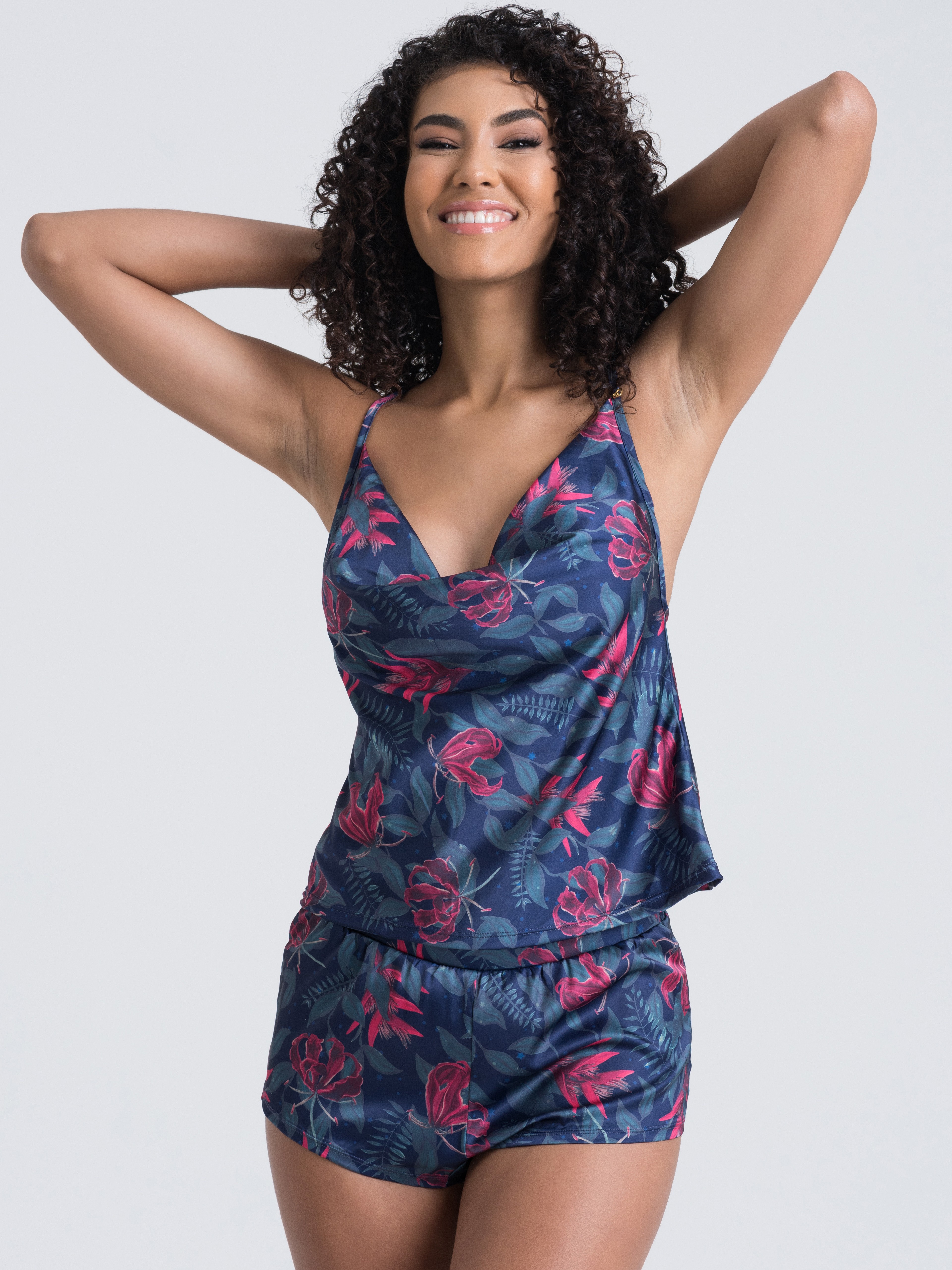 Lovehoney Moonlit Tropics Satin Cami Set, Black, hi-res