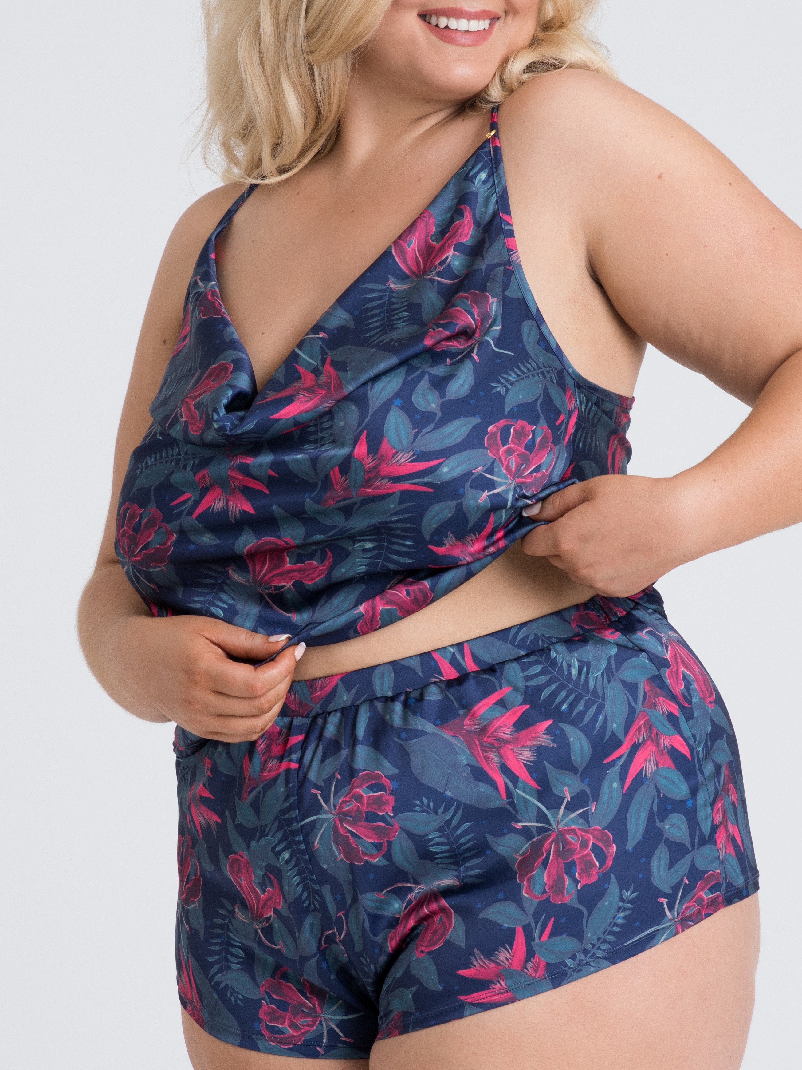 Lovehoney Moonlit Tropics Satin Cami Set, Black, hi-res