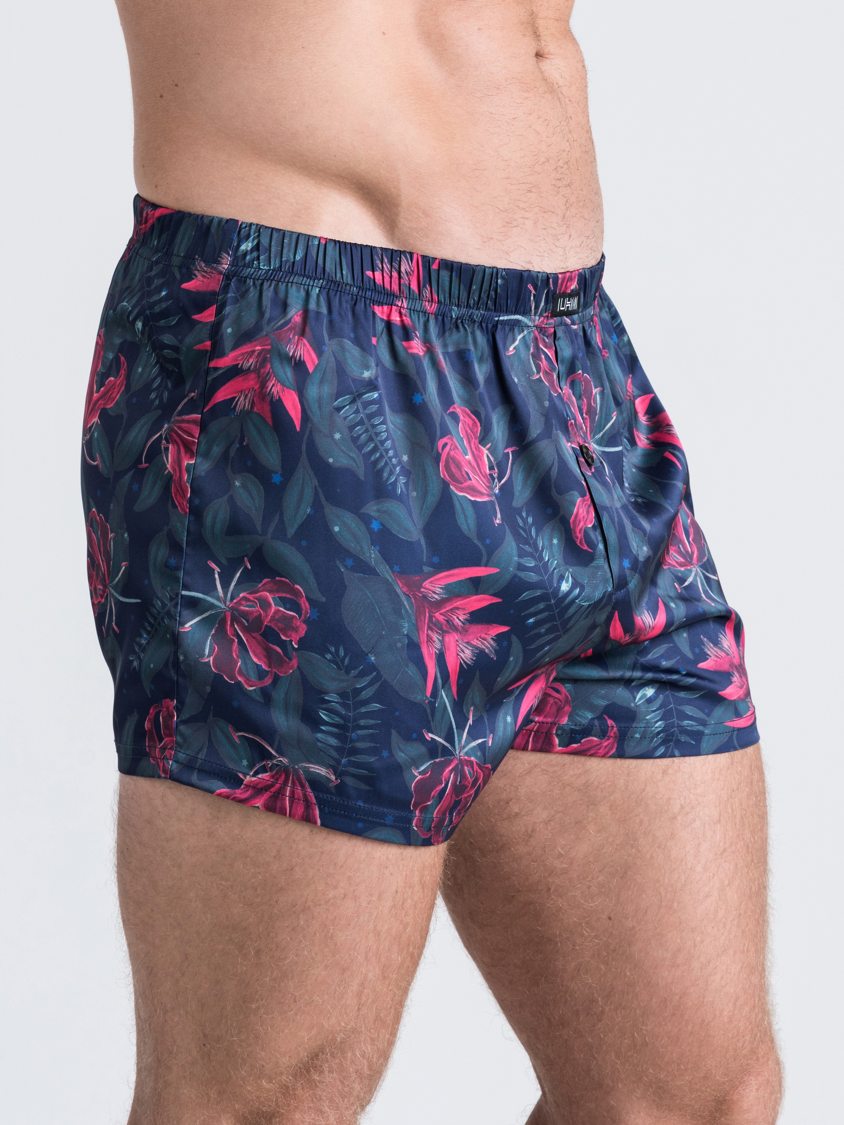 Lovehoney Moonlit Tropics Satin Boxer Shorts, Black, hi-res
