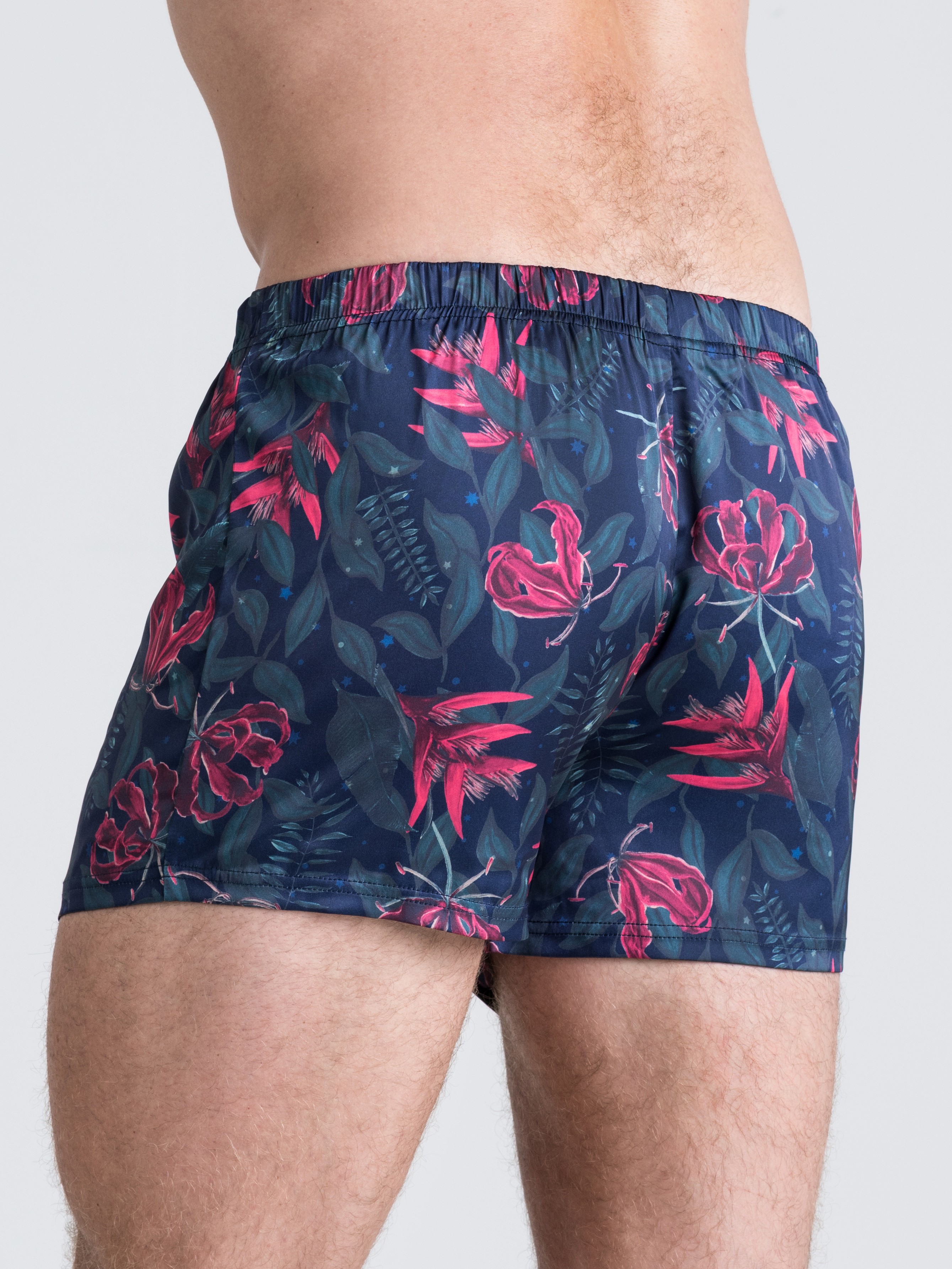 Lovehoney Moonlit Tropics Satin Boxer Shorts, Black, hi-res