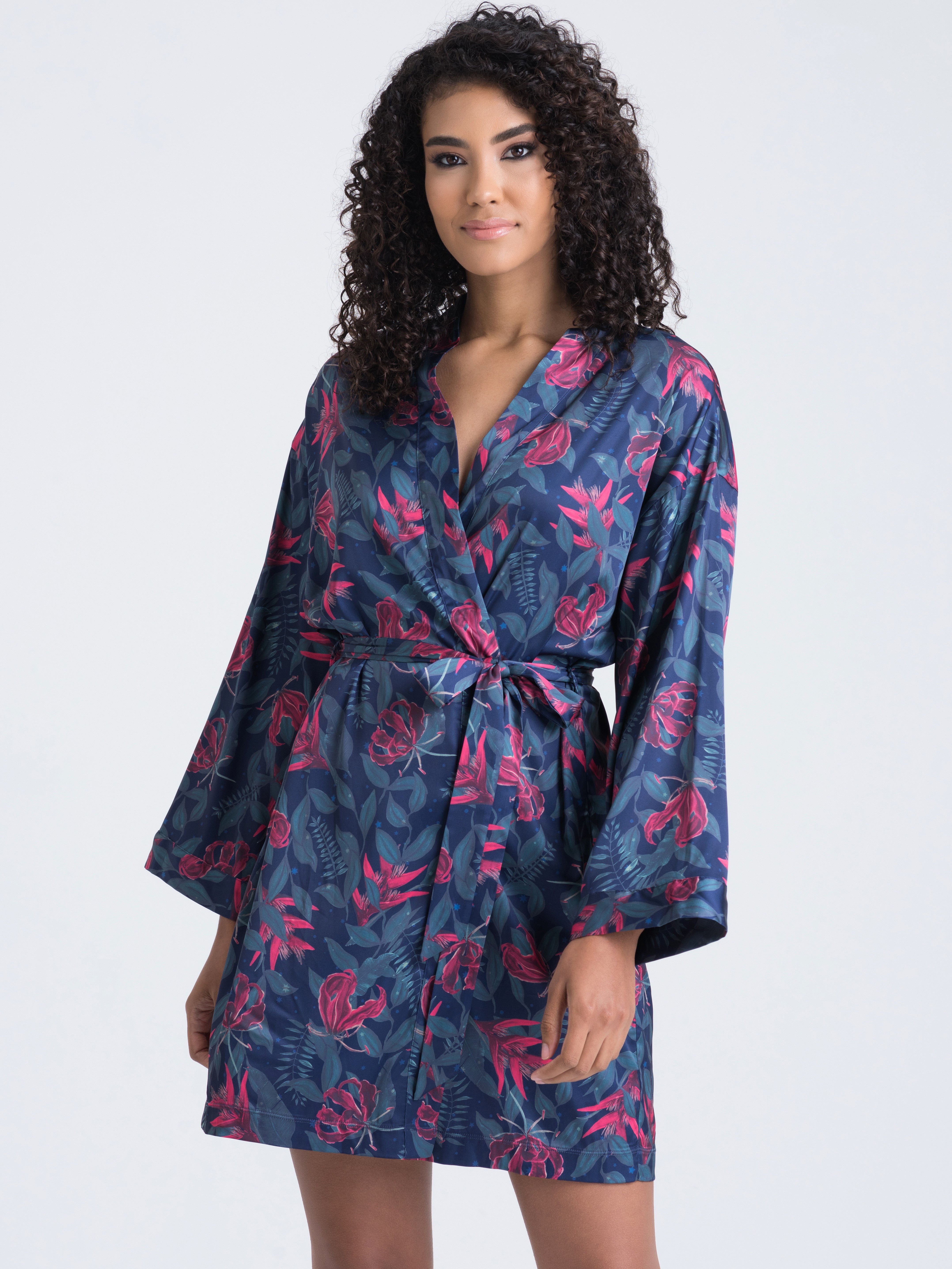 Lovehoney Moonlit Tropics Satin Robe, Black, hi-res