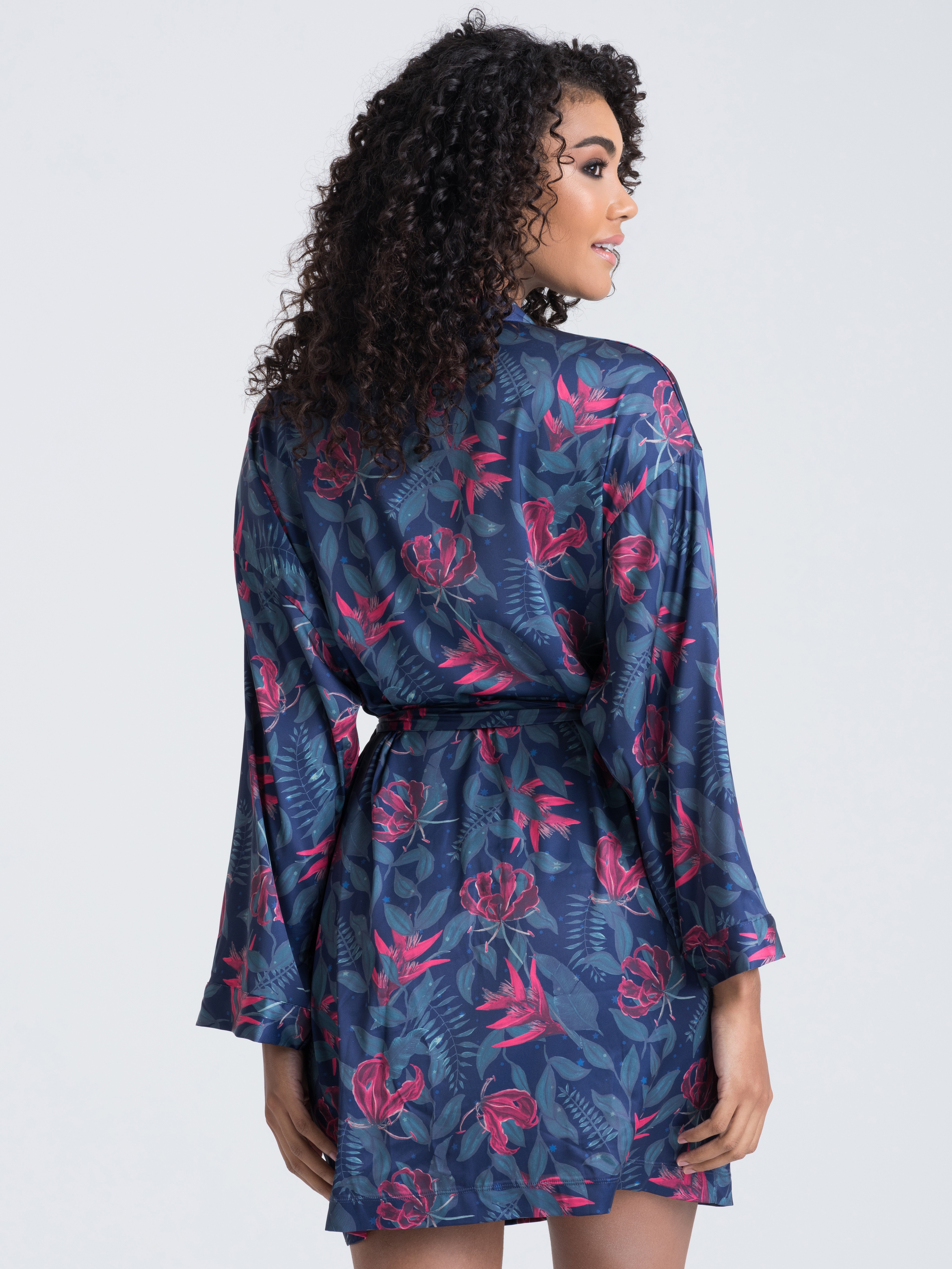 Lovehoney Moonlit Tropics Satin Robe, Black, hi-res