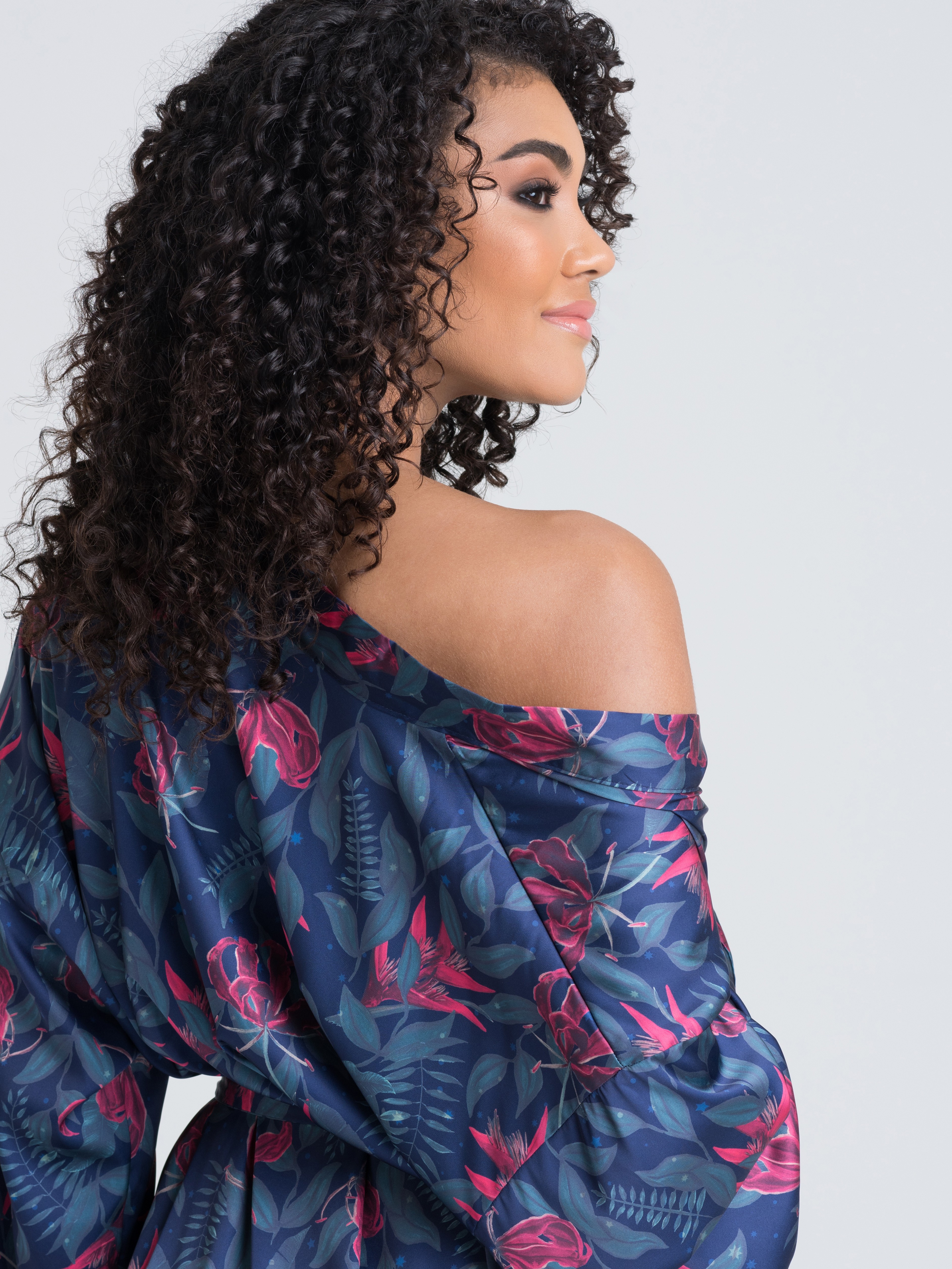 Lovehoney Moonlit Tropics Satin Robe, Black, hi-res