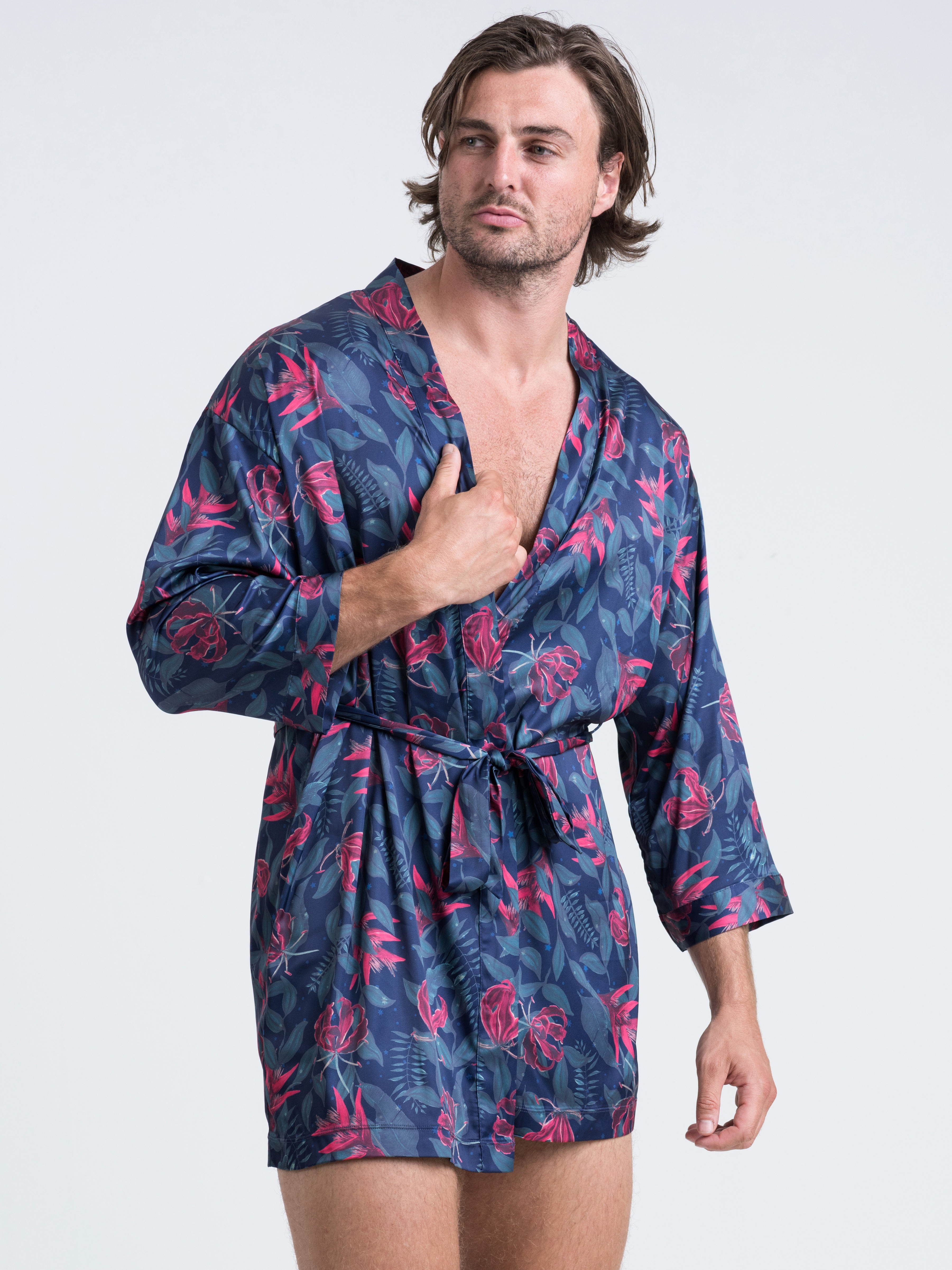 Lovehoney Moonlit Tropics Satin Robe, Black, hi-res