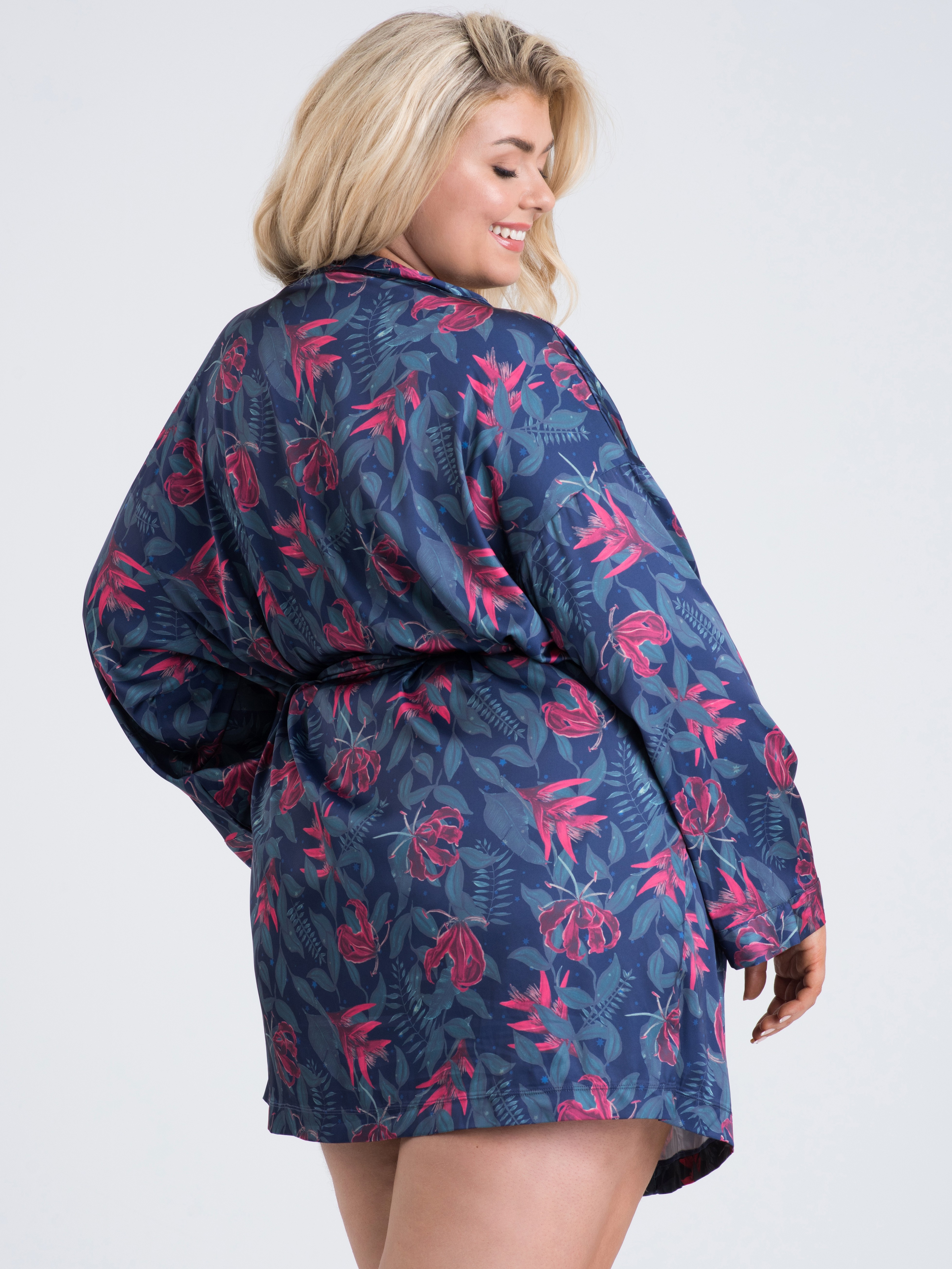 Lovehoney Moonlit Tropics Satin Robe, Black, hi-res