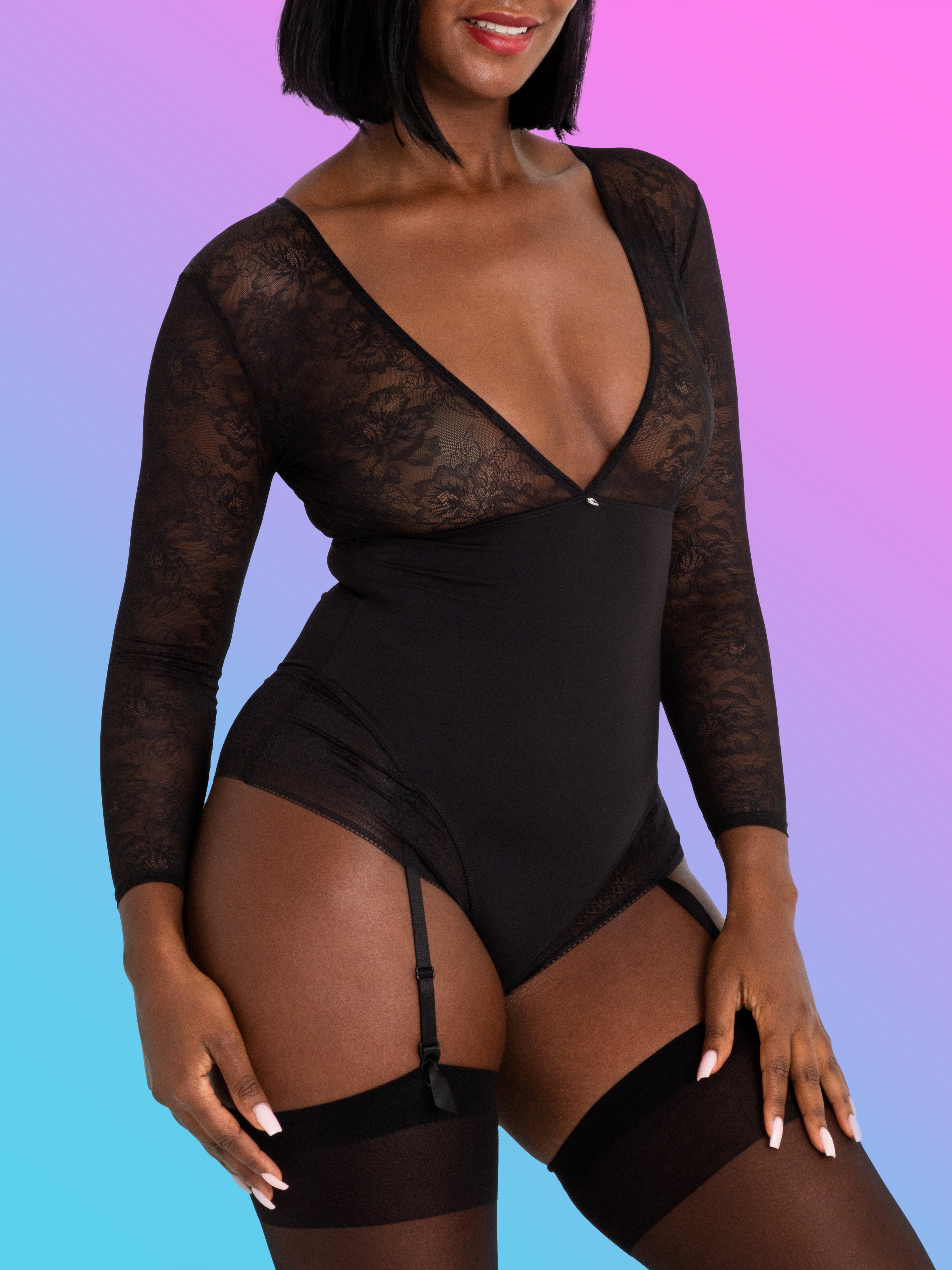 Lovehoney Hourglass Black Smoothing Long Sleeve Crotchless Body, Black, vanilla
