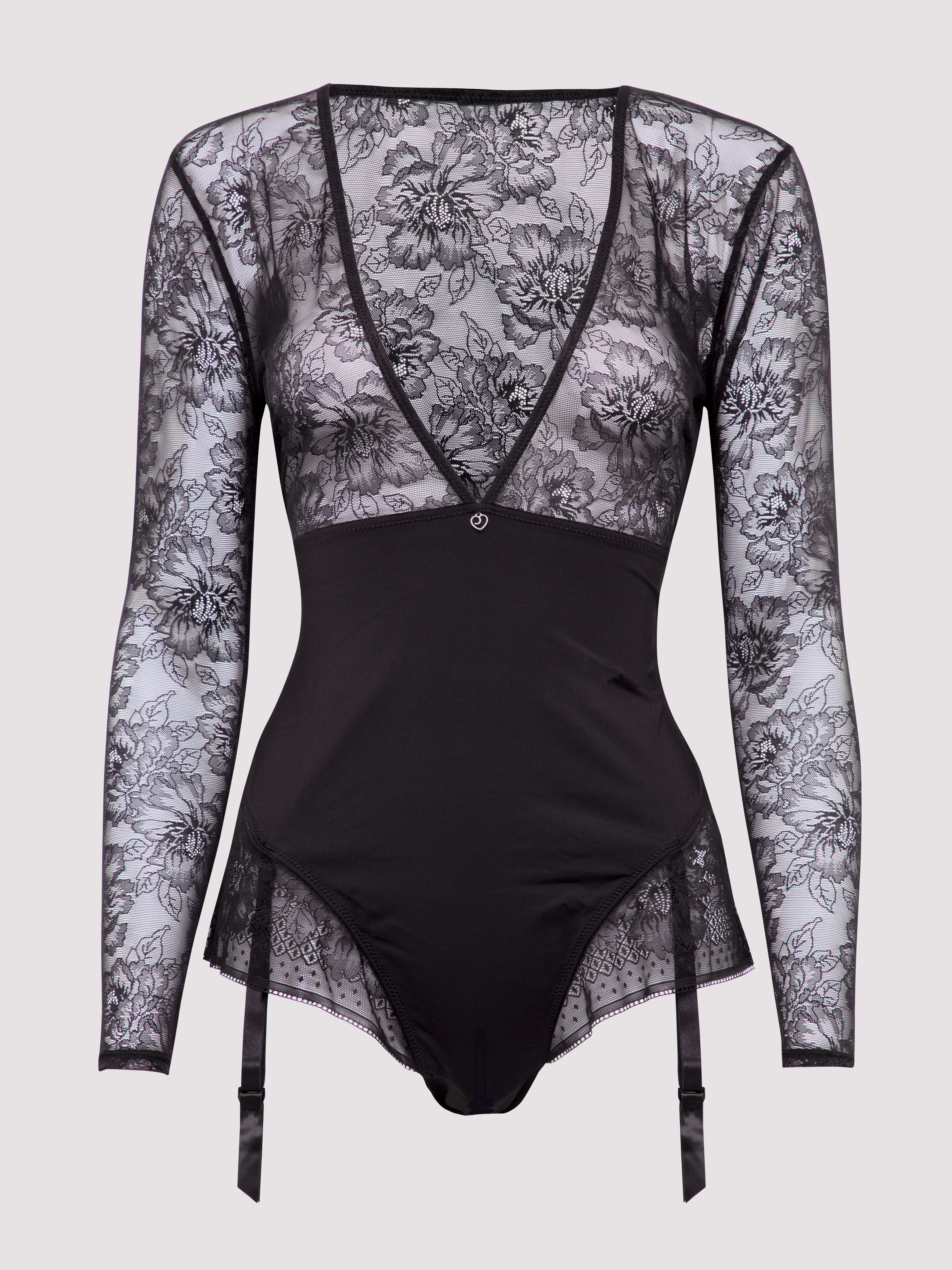 Lovehoney Hourglass Black Smoothing Long Sleeve Crotchless Teddy, Black, hi-res