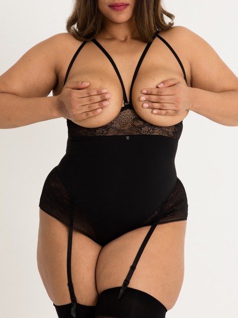 Plus Size Open Bust Lingerie Porn - Lovehoney Plus Size Hourglass Black Smoothing Open-Cup Crotchless Teddy -  Lovehoney