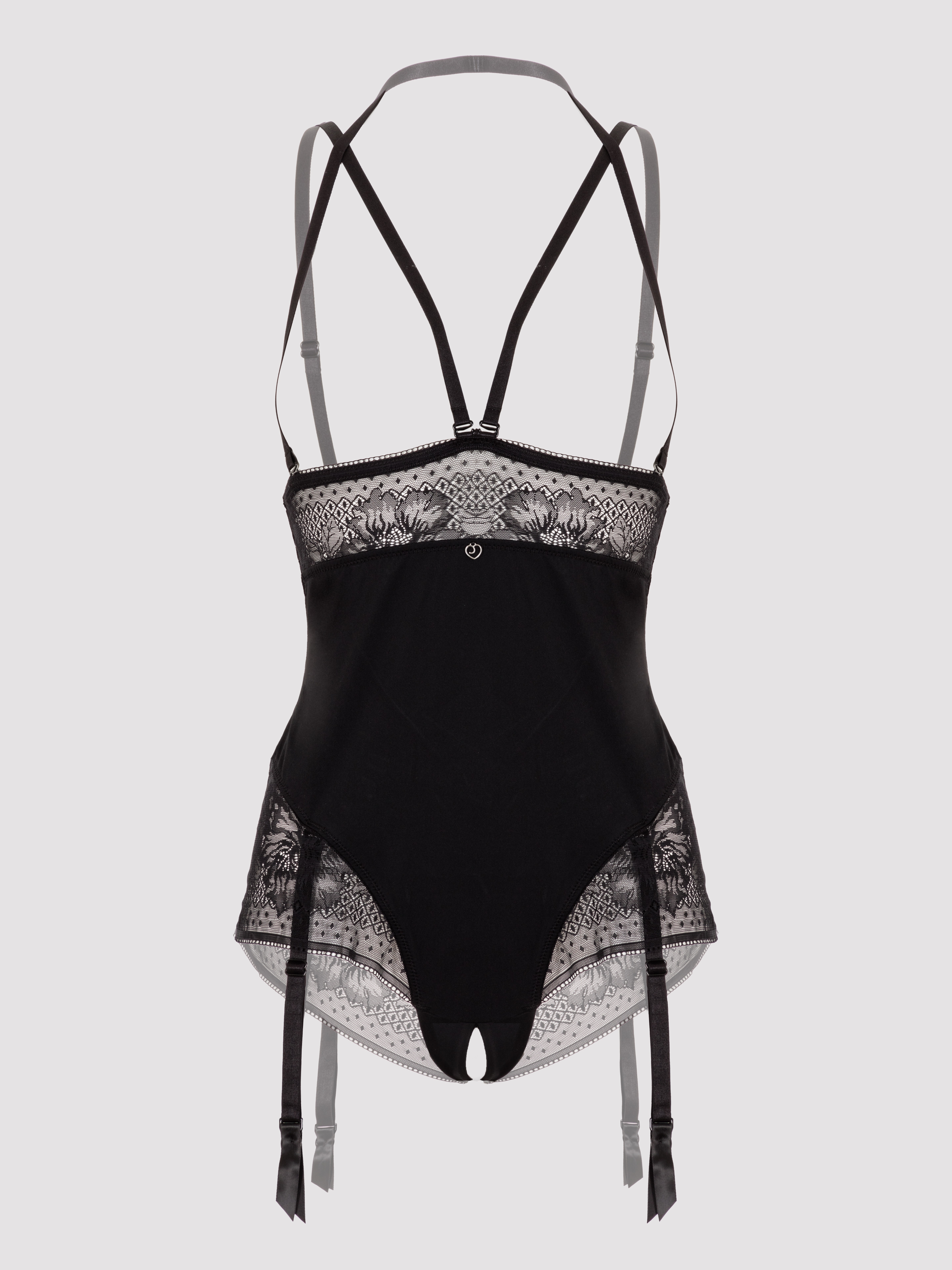 Lovehoney Hourglass Black Smoothing Open-Cup Crotchless Teddy, Black, hi-res