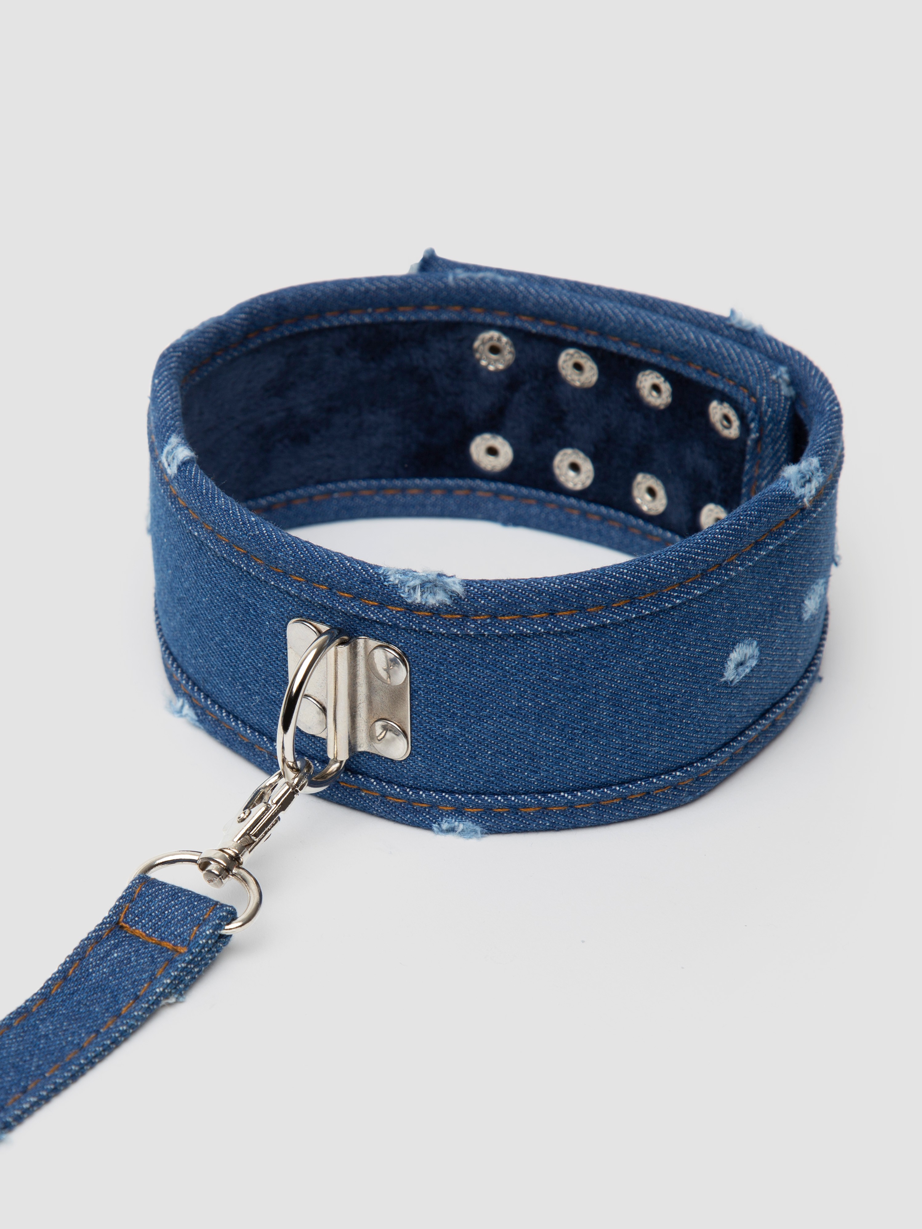 Ouch! Worn Denim Collar with Leash, Blue, hi-res