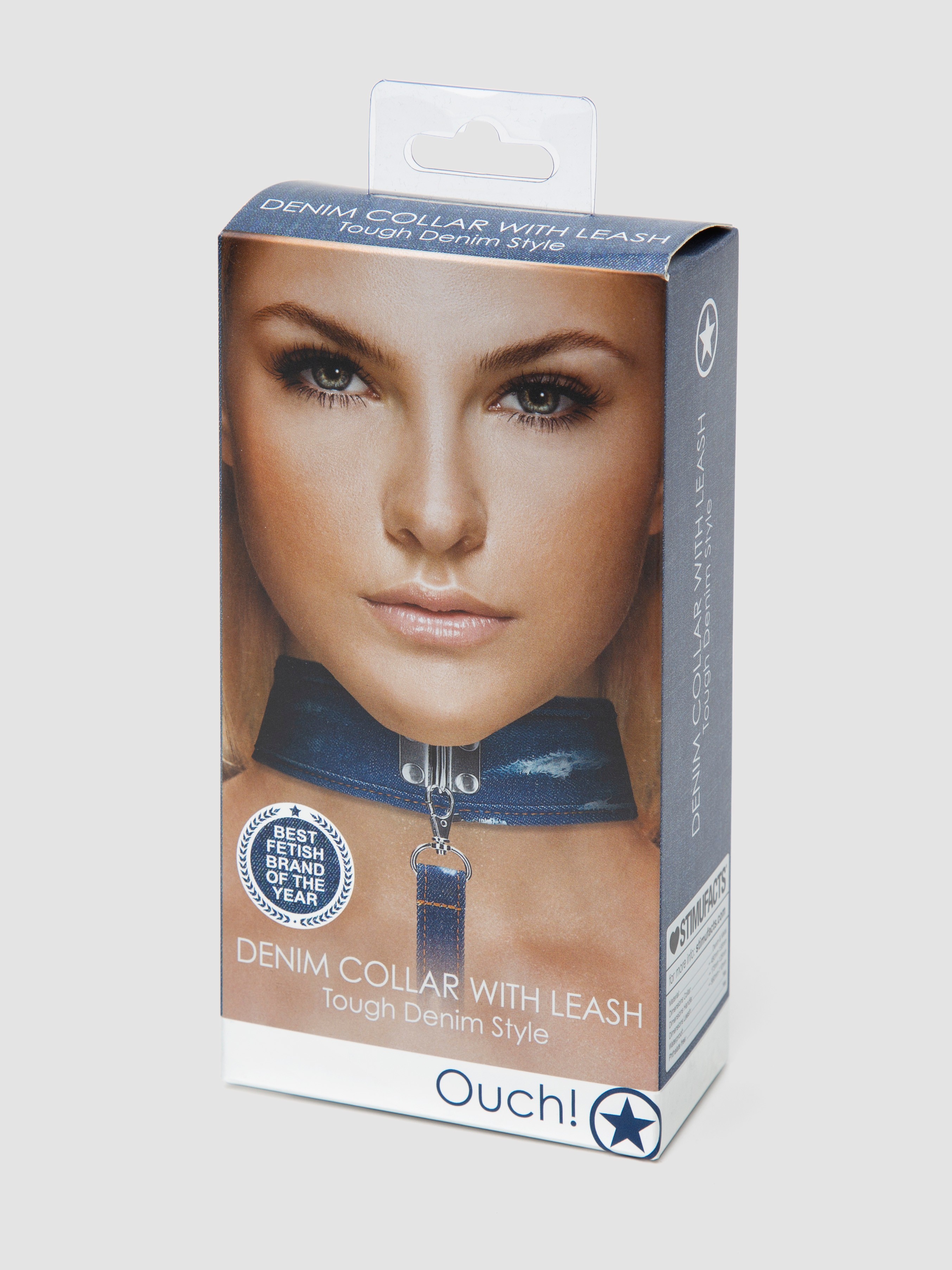 Ouch! Worn Denim Collar with Leash, Blue, hi-res