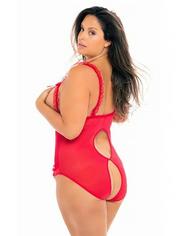 Oh La La Cheri Curves Plus Size Red Open Cup Crotchless Lace Teddy, Red, hi-res