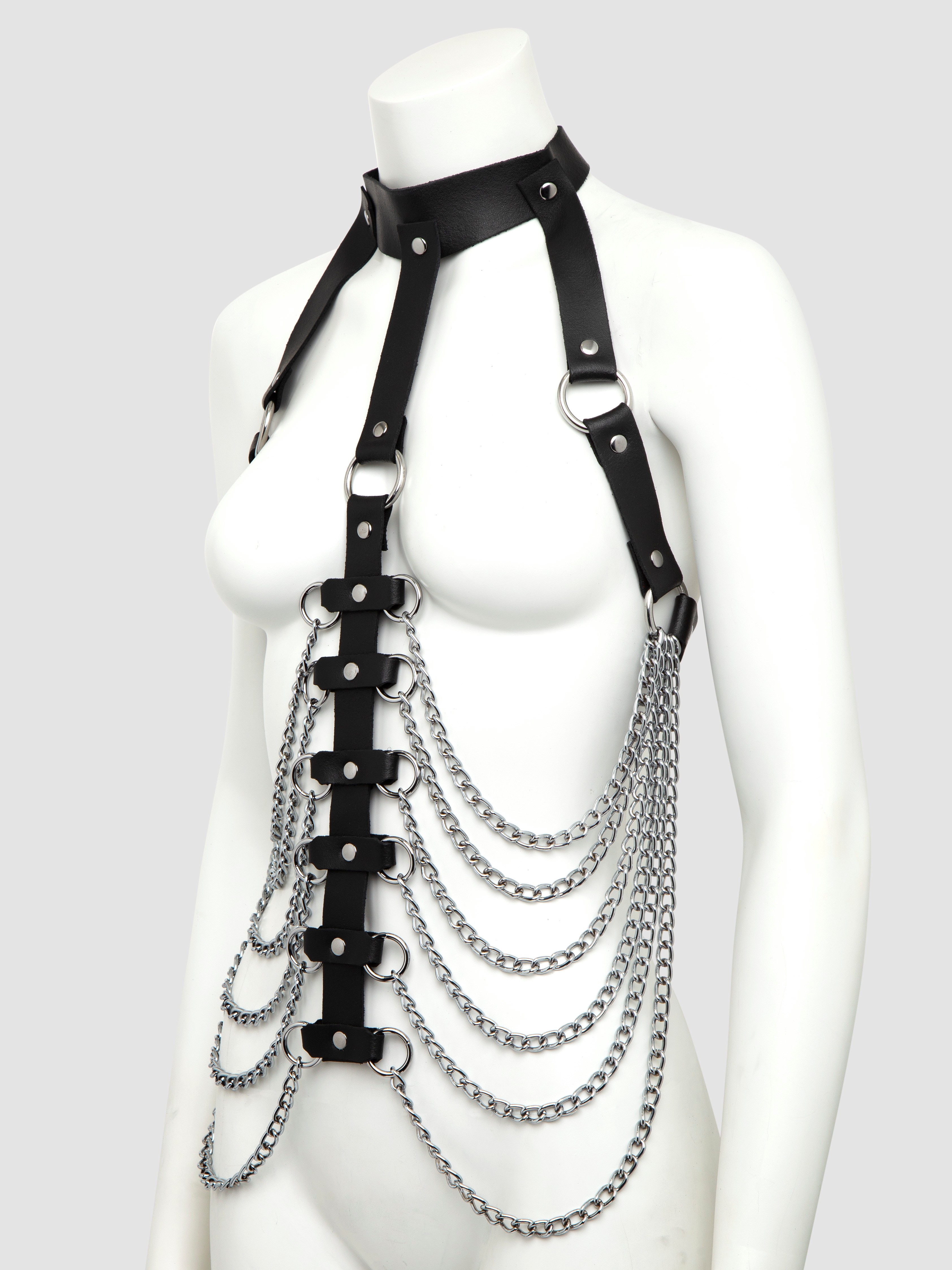 DOMINIX Deluxe Leather and Chain Open-Cup Body Harness, Black, hi-res