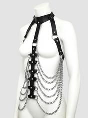 DOMINIX Deluxe Leather and Chain Open-Cup Body Harness, Black, hi-res