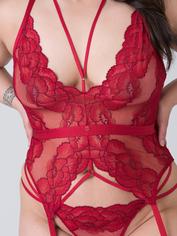 Lovehoney Tiger Lily Red Floral Lace Bustier Set, Red, hi-res