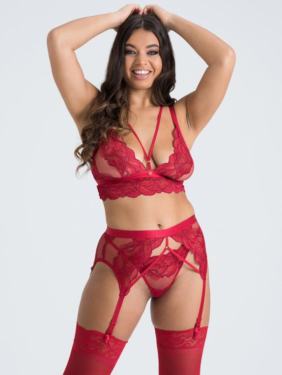 Lovehoney Tiger Lily Red Floral Lace Bra Set, Red, hi-res