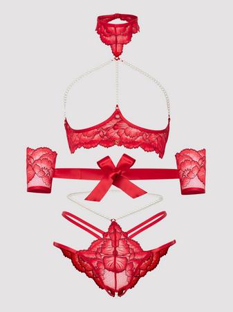 Lovehoney Tiger Lily Red Floral Lace Open-Cup Bra Set
