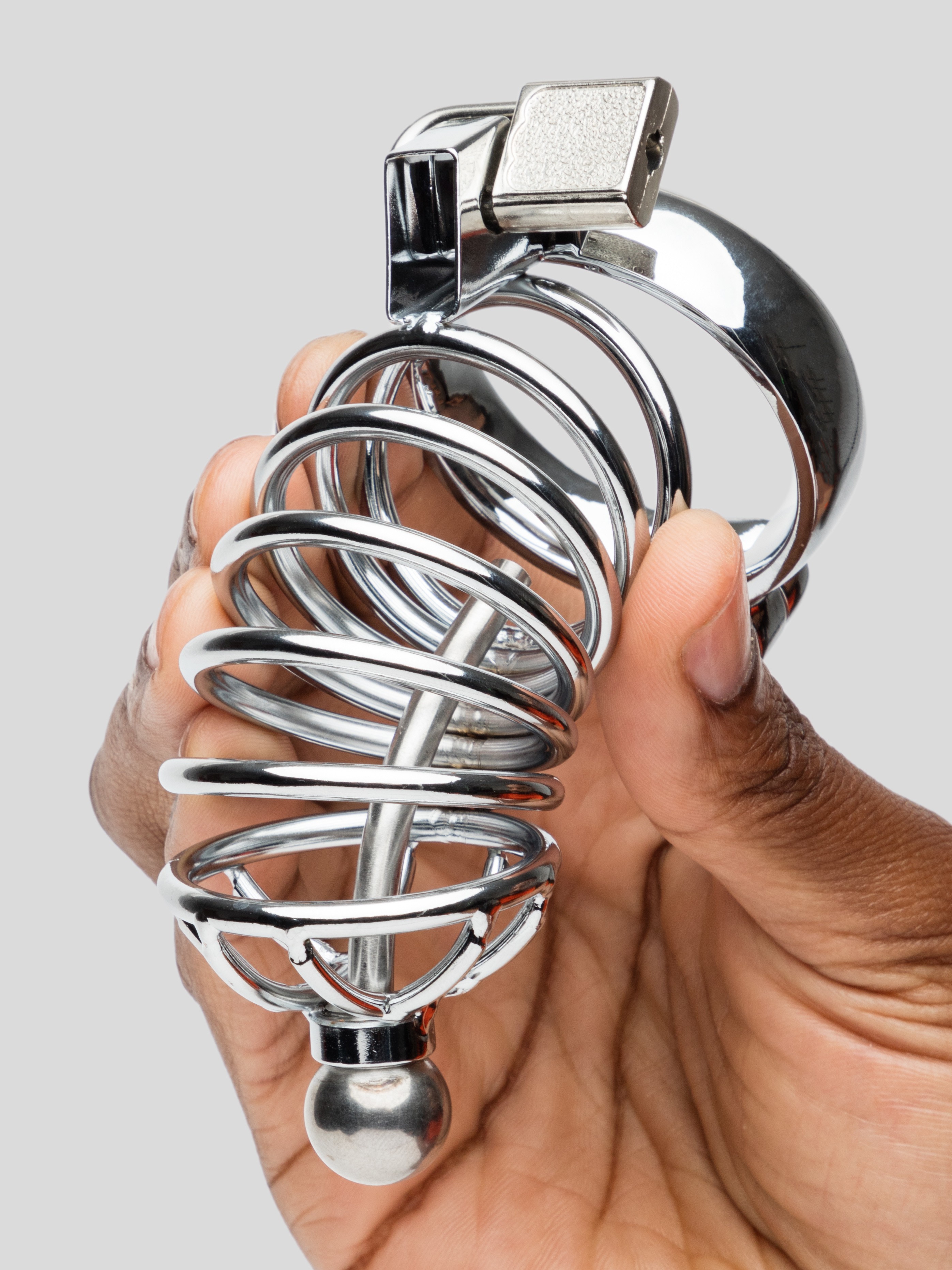 DOMINIX Deluxe Corkscrew Male Chastity Cage with Urethral Sound, Silver, hi-res