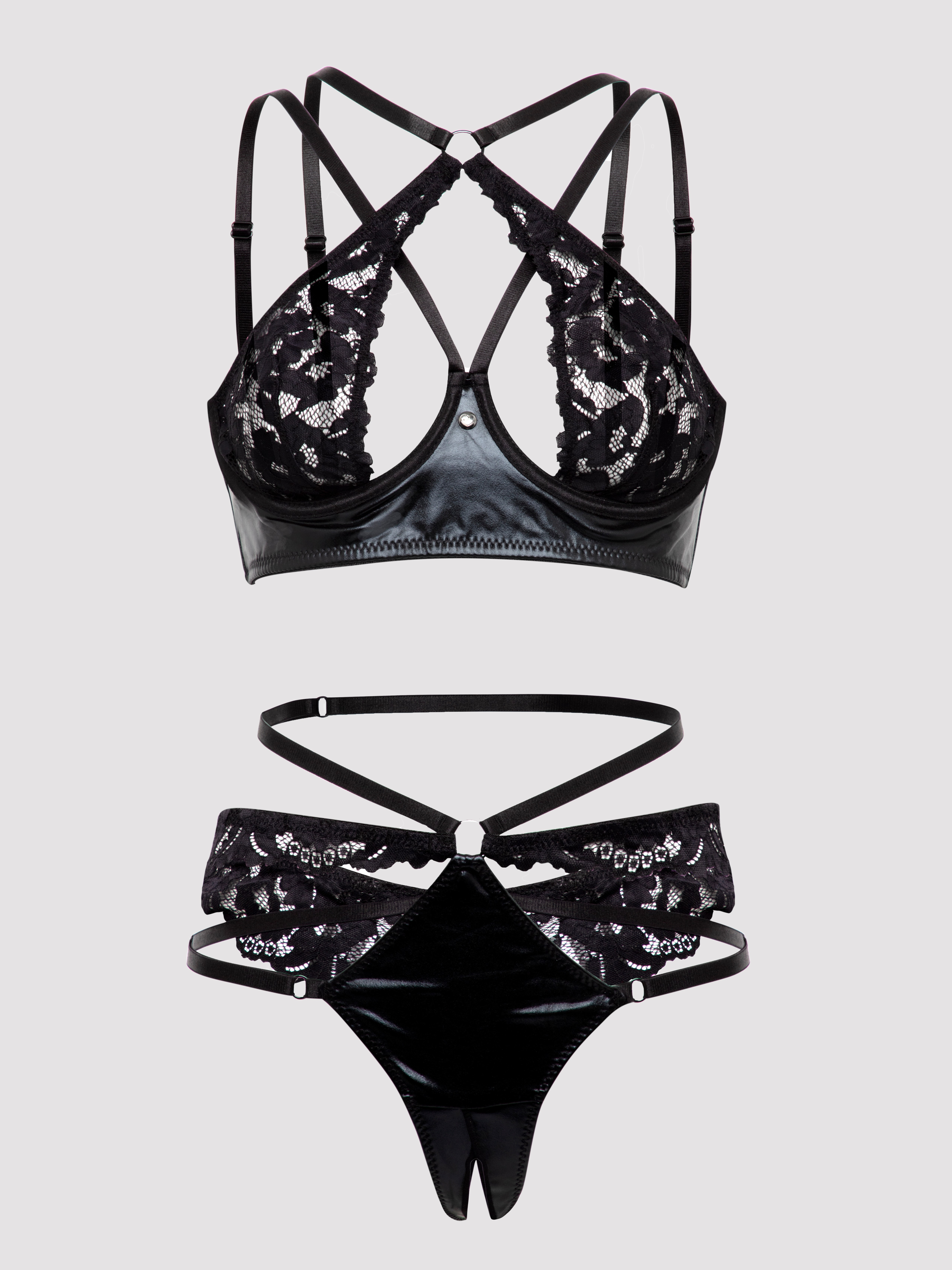 Lovehoney Fierce Romance Black Wet Look and Lace Bra Set, Black, hi-res
