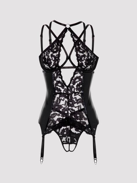 Lovehoney Plus Size Fierce Romance Black Wet Look and Lace Bustier Set, Black, hi-res