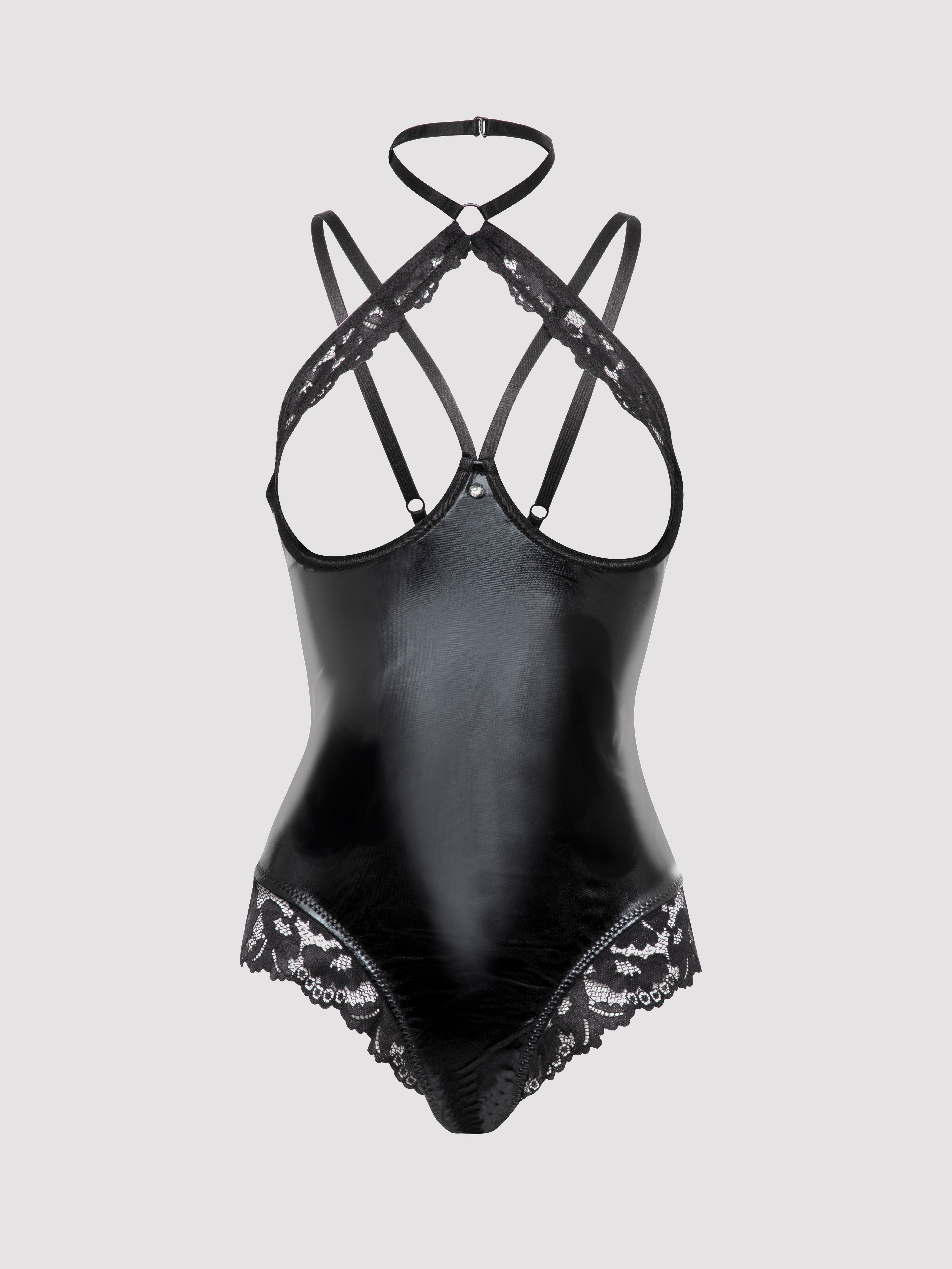 Lovehoney Fierce Romance Black Wet Look and Lace Open-Cup Teddy, Black, hi-res