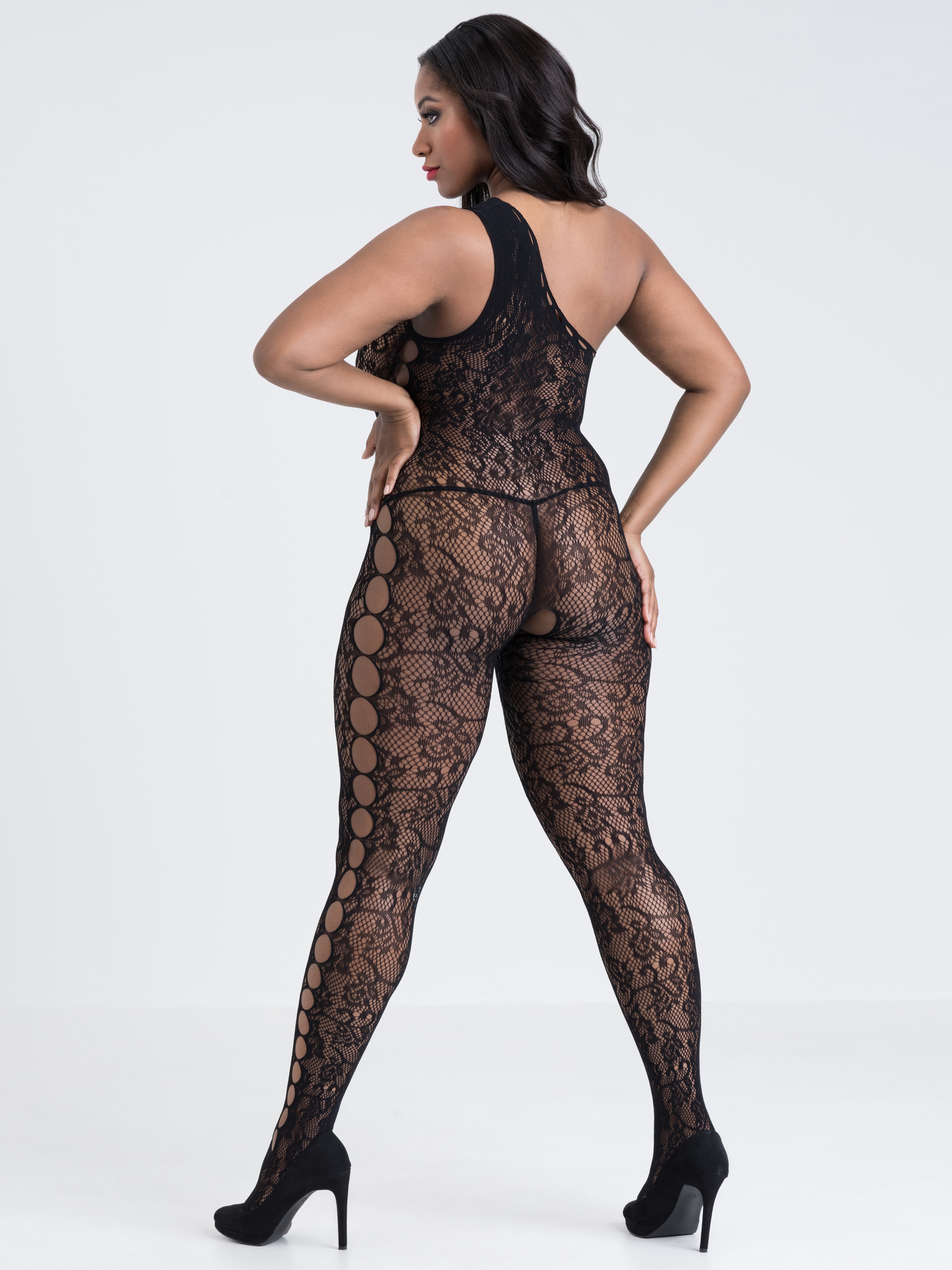 Lovehoney Black Lace One-Shoulder Crotchless Bodystocking, Black, hi-res