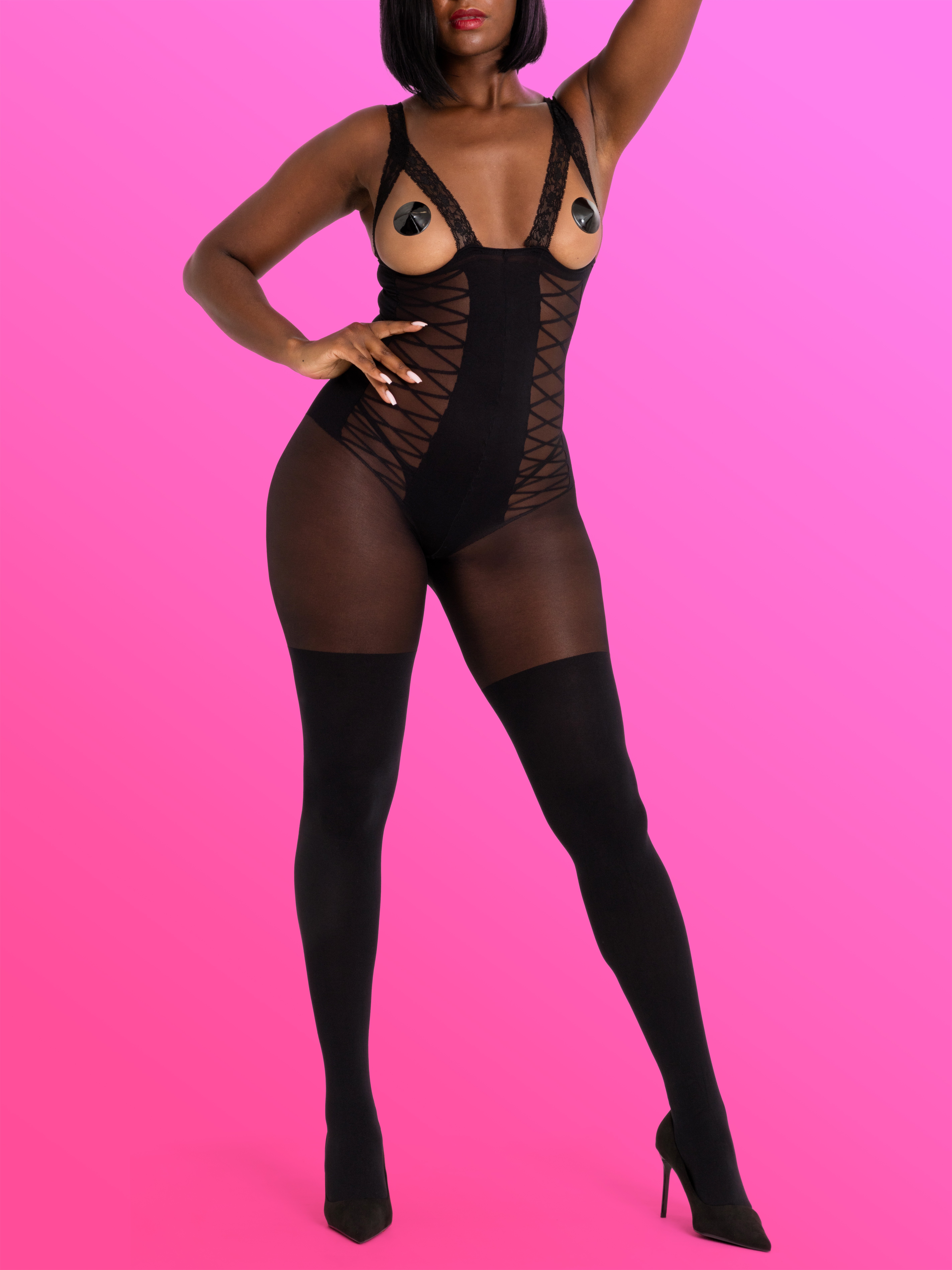 Lovehoney Black Corset Crotchless Open-Cup Bodystocking, Black, hi-res