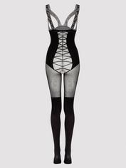 Lovehoney Black Corset Crotchless Open-Cup Bodystocking, Black, hi-res