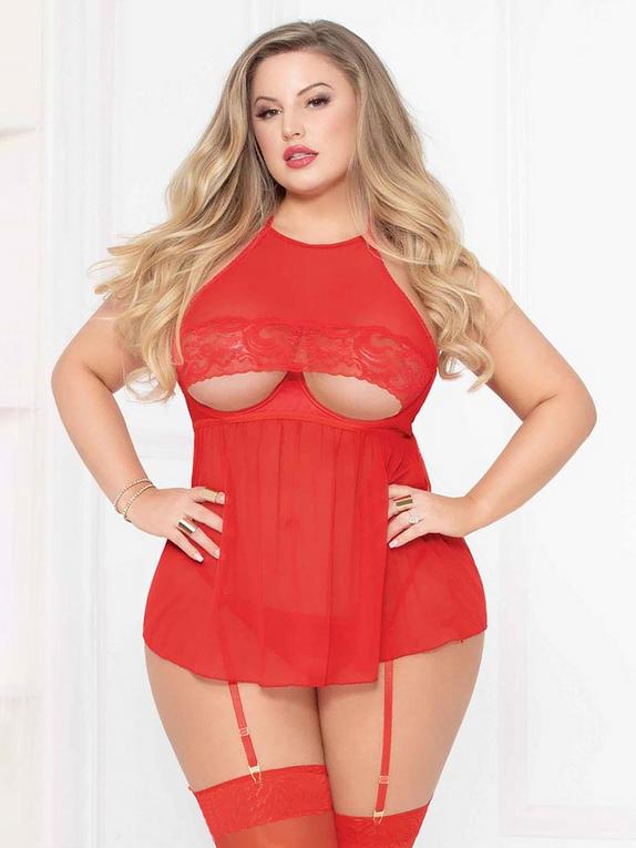Seven 'til Midnight Plus Size Red Underboob Cut-Out Babydoll Set , Red, hi-res