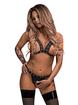 Exposed Lust Studded Wet Look Open-Cup Crotchless Bra Set, Black, hi-res