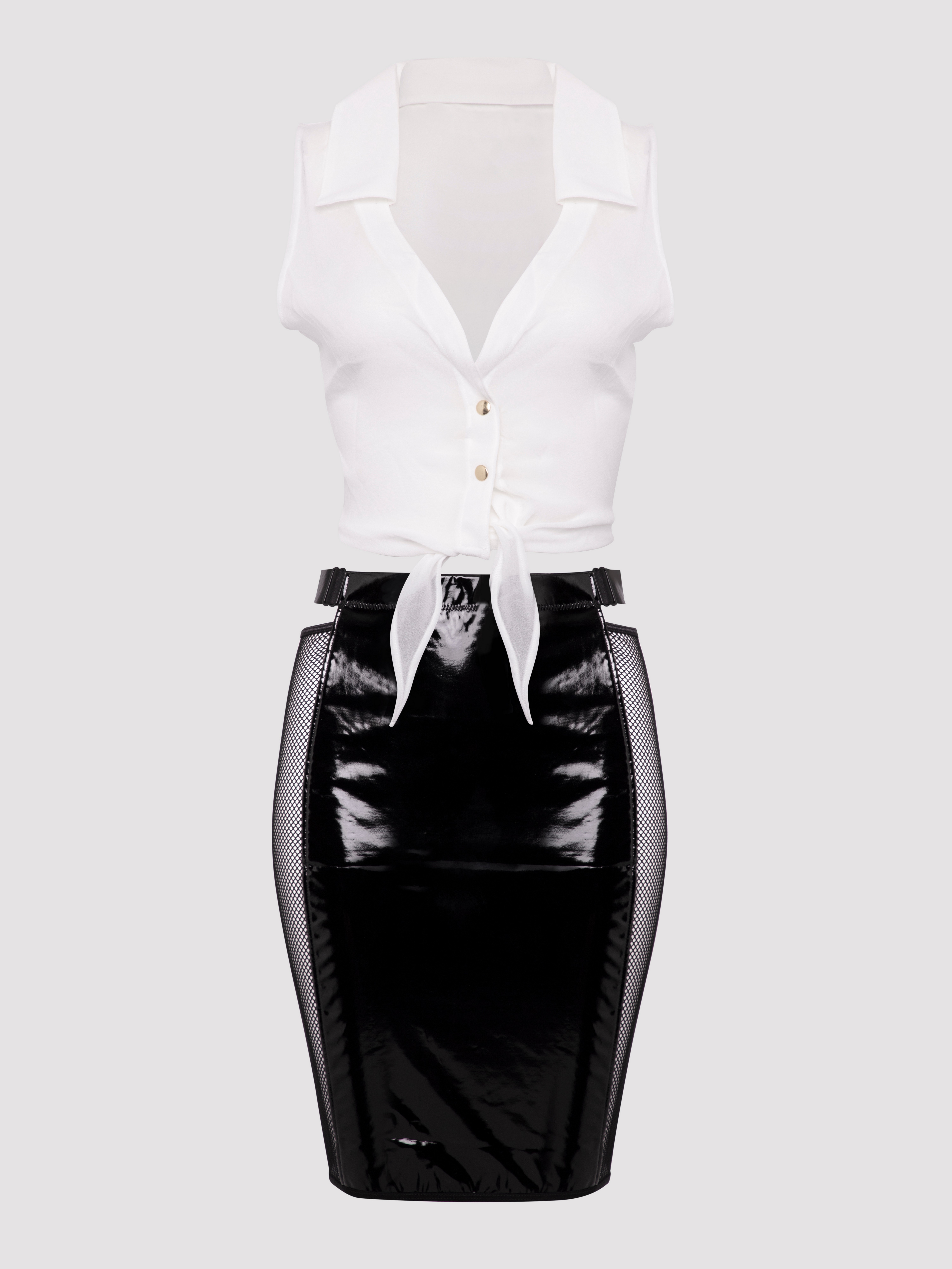 Lovehoney Fantasy Business-Inspired Chiffon Top and Wetlook Skirt Set, Black, hi-res