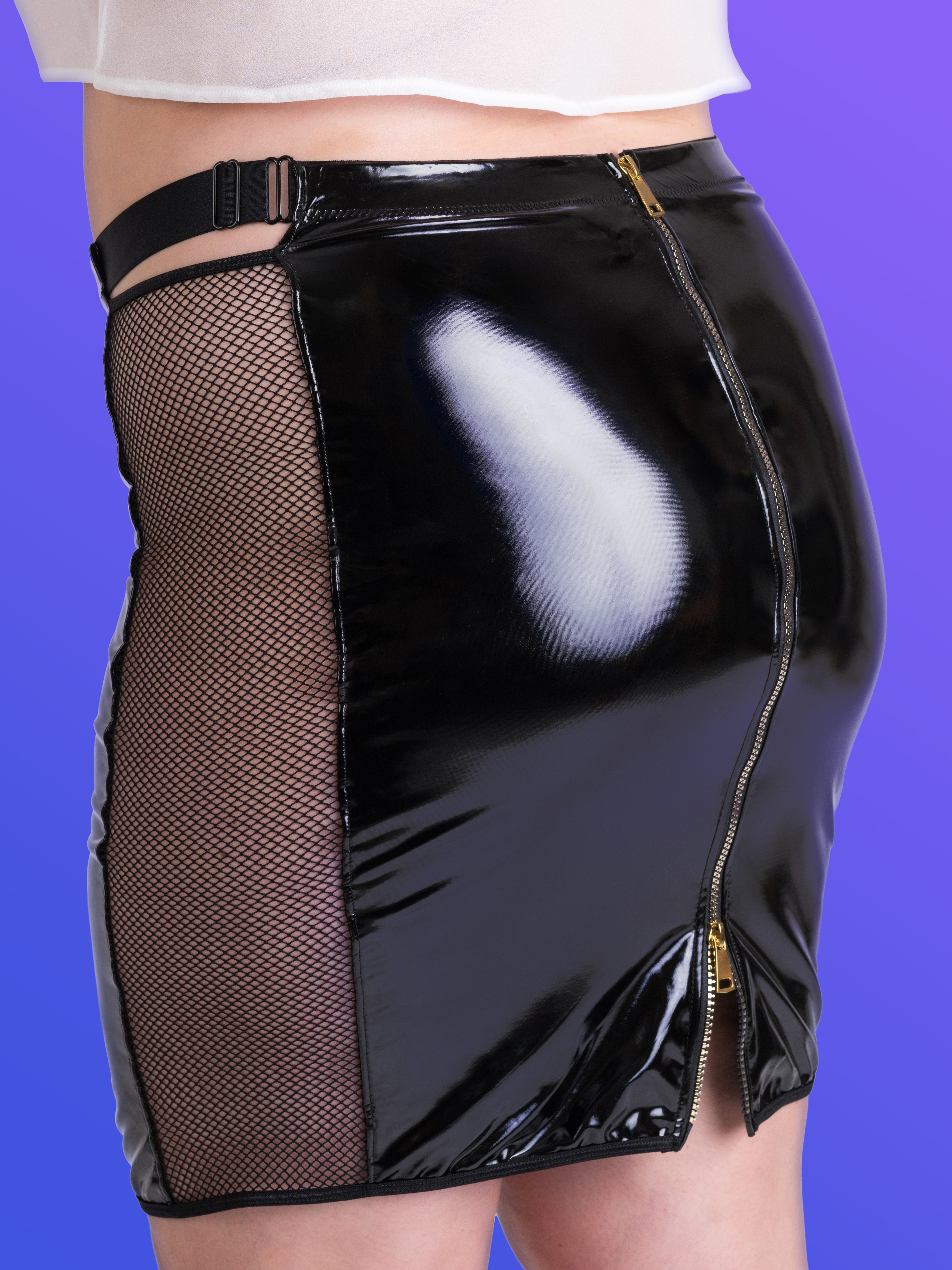 Lovehoney Fantasy Risky Business Top and Wetlook Skirt Set, Black, hi-res