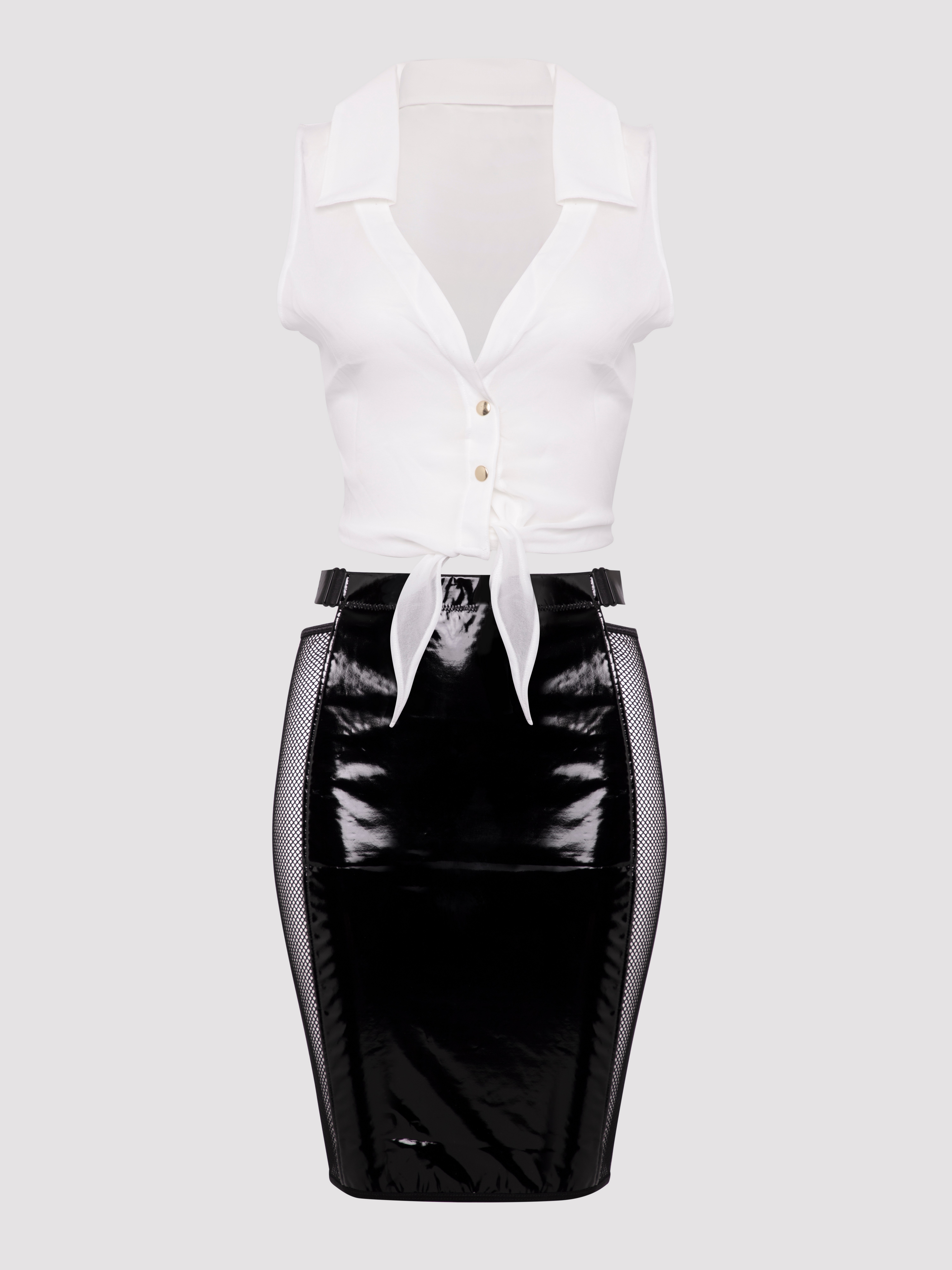 Lovehoney Fantasy Business-Inspired Chiffon Top and Wetlook Skirt Set, Black, hi-res