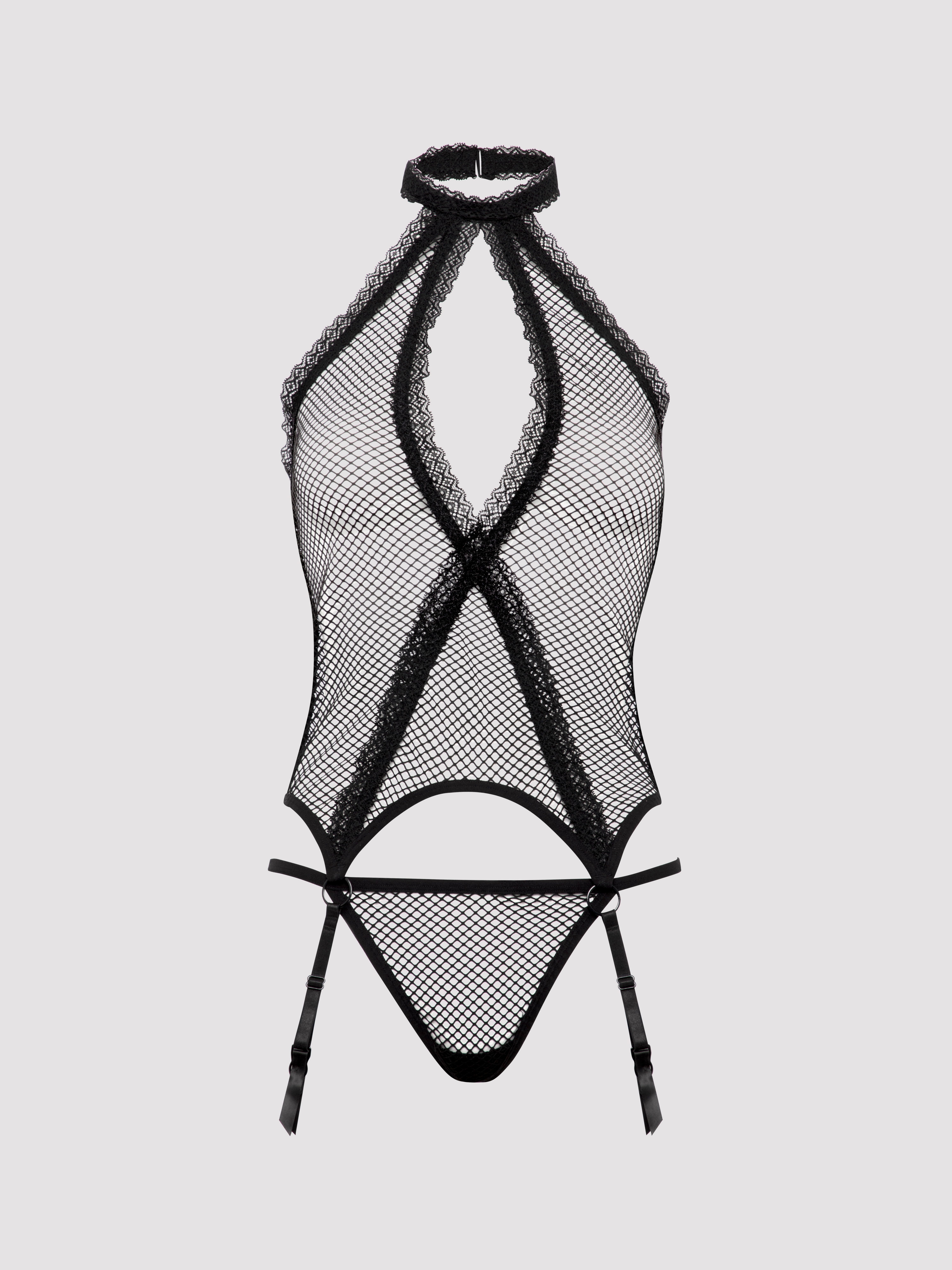 Lovehoney Plus Size Provocatease Black Fishnet and Lace Bustier Set, Black, vanilla