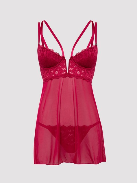 Lovehoney Parisienne Teal Lace Plunge Babydoll Set, Red, hi-res