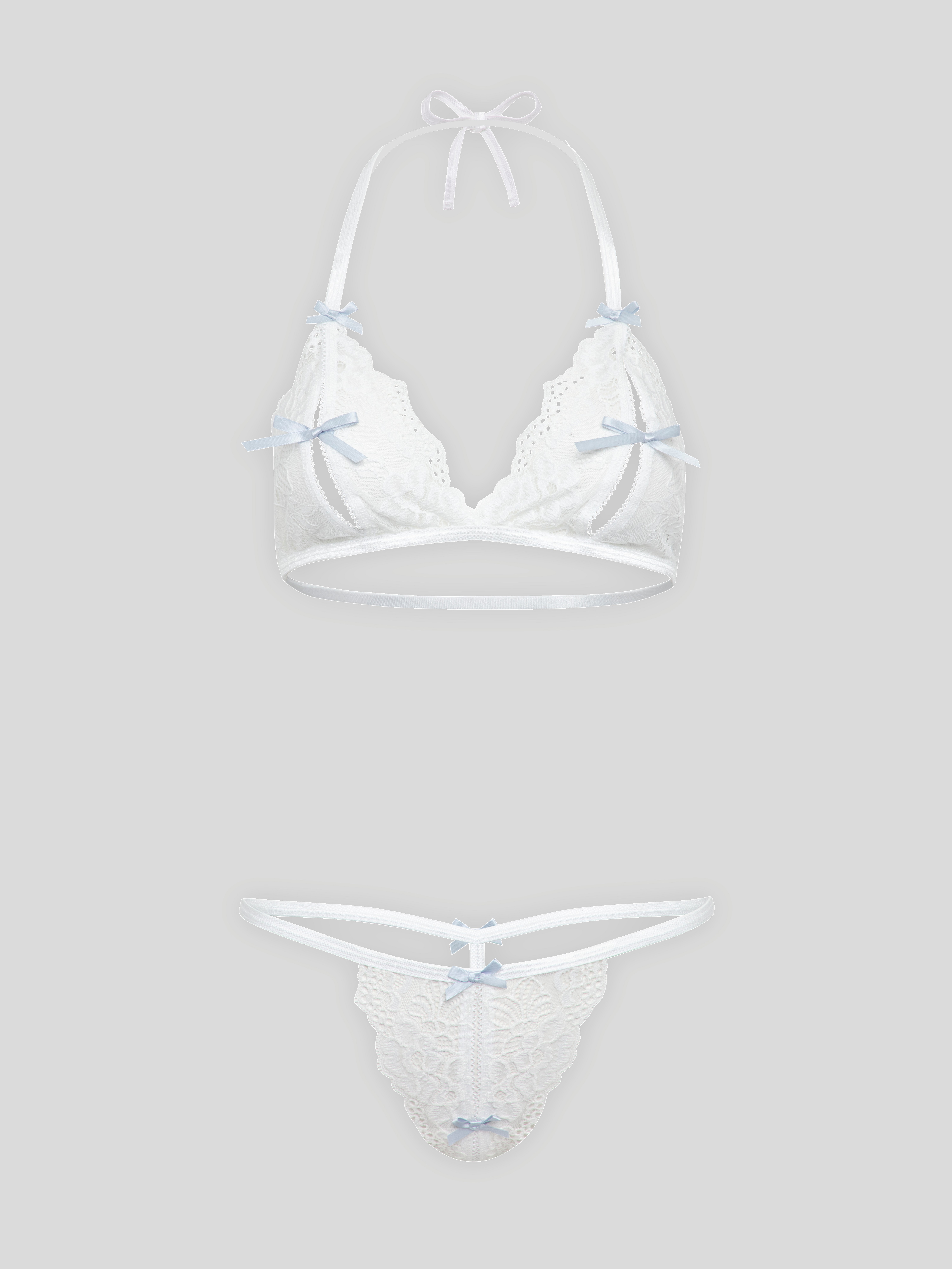 Lovehoney Peek-a-Boo White Lace Bra and Crotchless G-String, White, hi-res