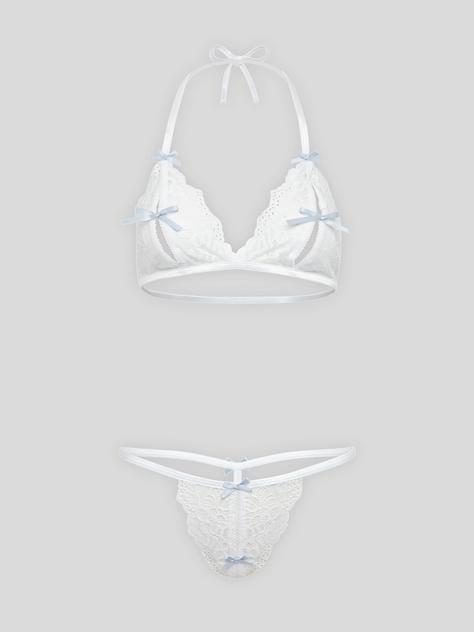Lovehoney Plus Size Peek-a-Boo White Lace Bra and Crotchless G-String, White, hi-res