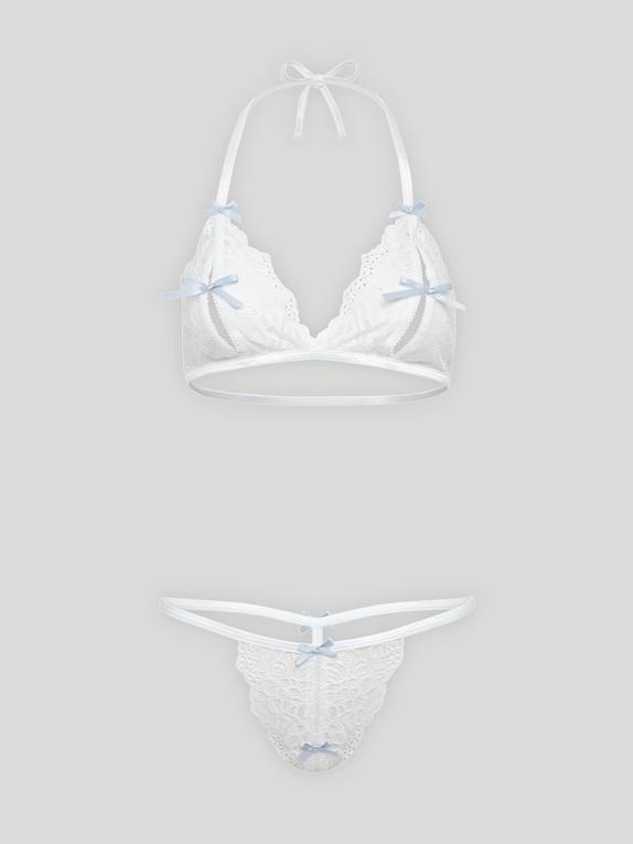 Lovehoney Lace Peek-a-Boo Bra and Crotchless G-String, White, hi-res