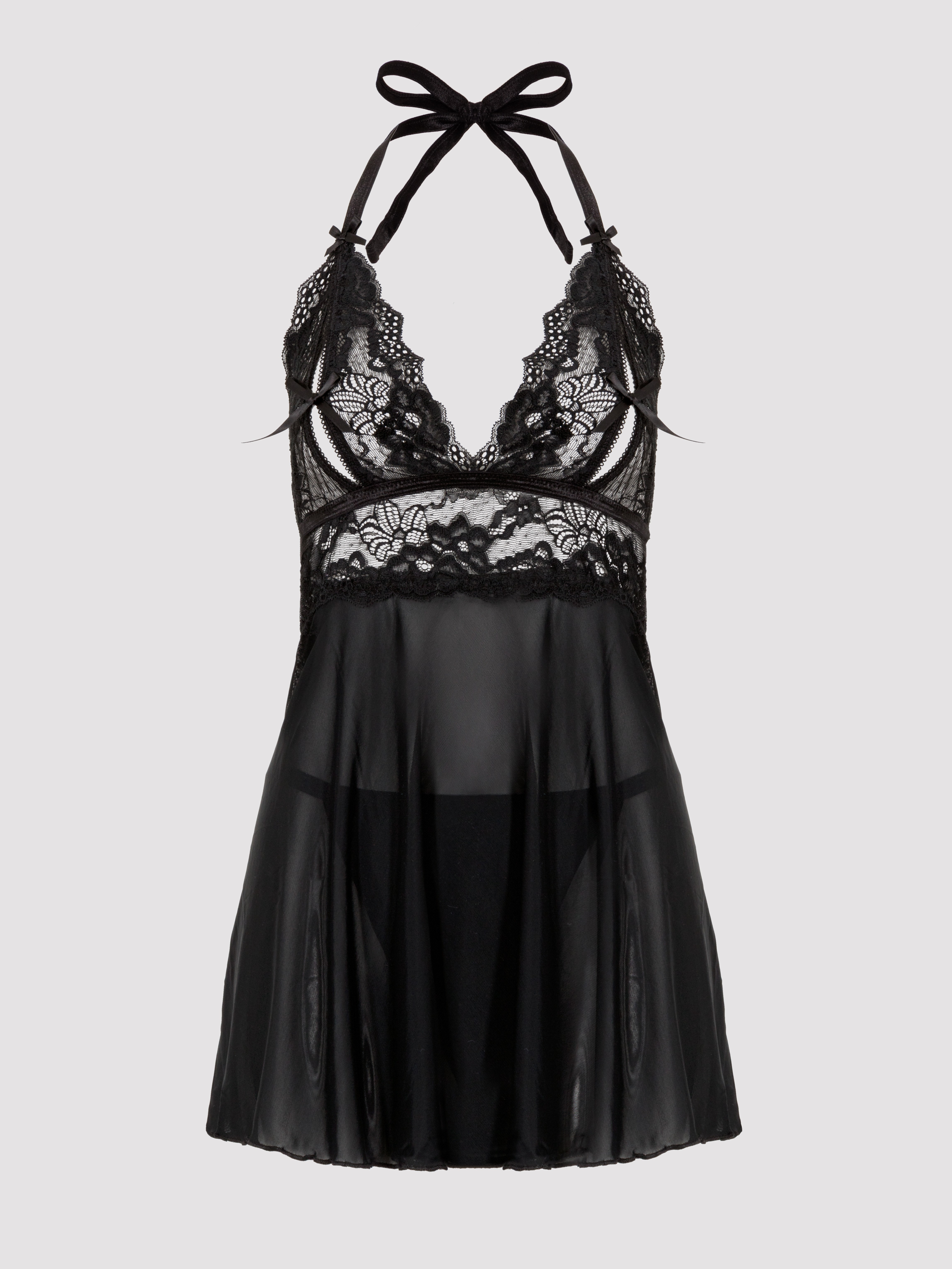 Image of Lovehoney Peek-a-Boo Black Lace Babydoll Set - One size - Black