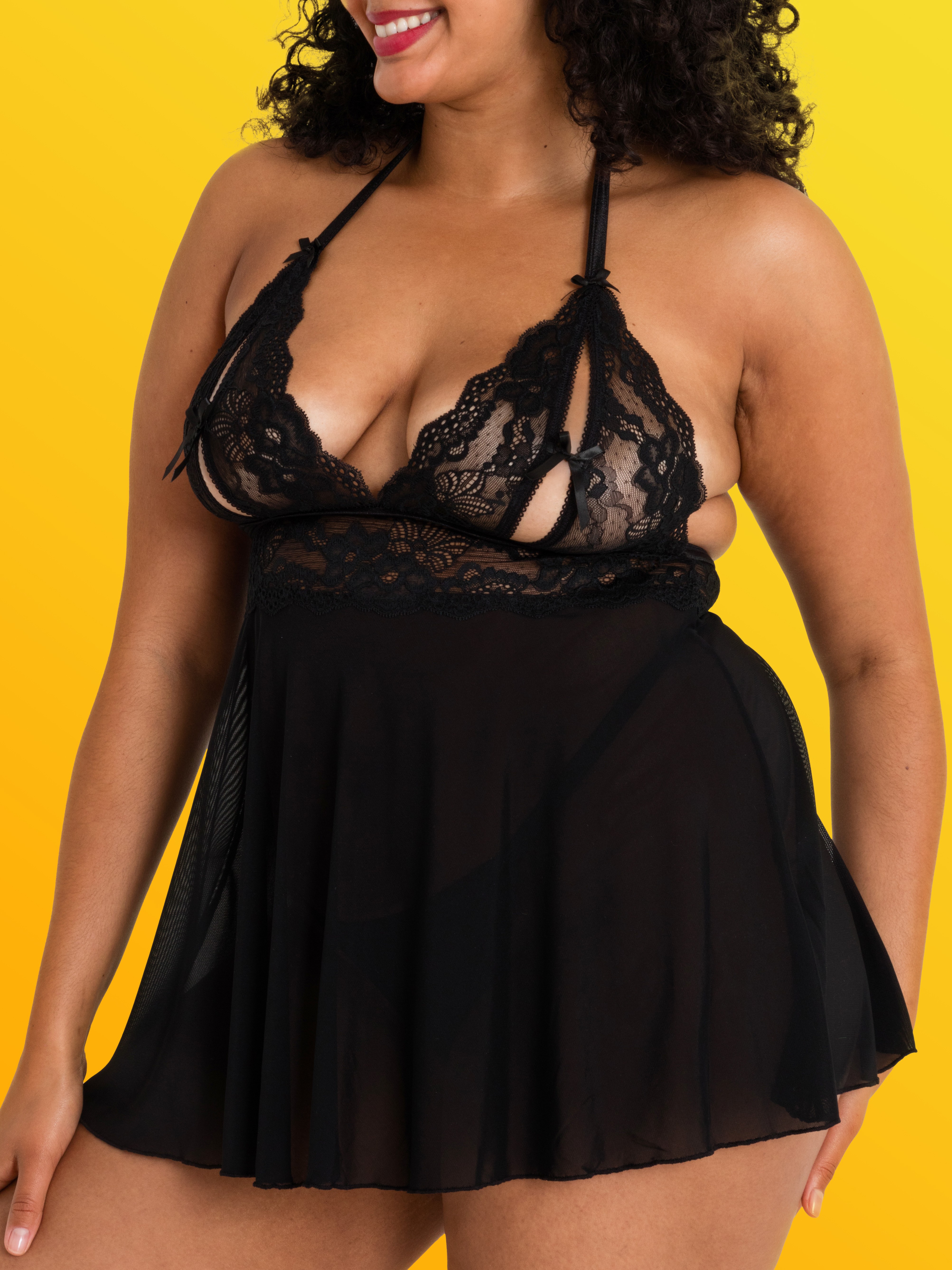 Lovehoney Peek-a-Boo White Lace Babydoll Set, Black, hi-res