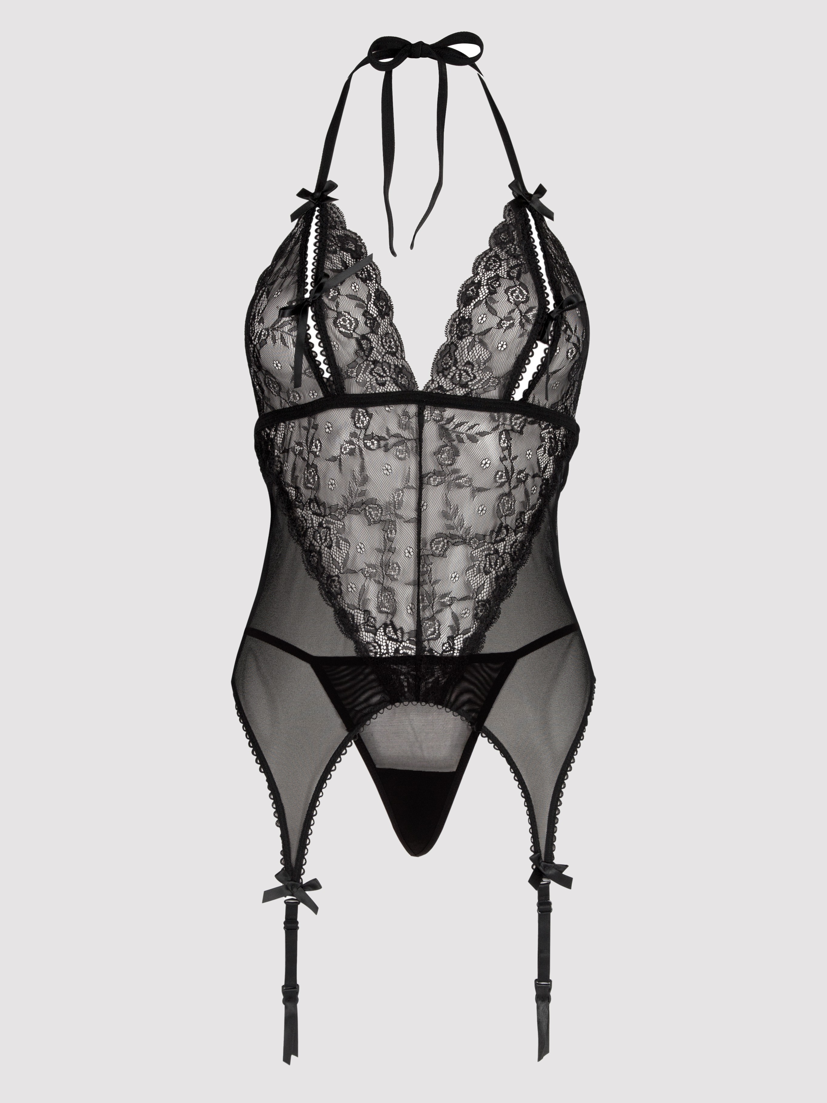 Lovehoney Black Peek-a-Boo Merry Widow Bustier Set , Black, hi-res