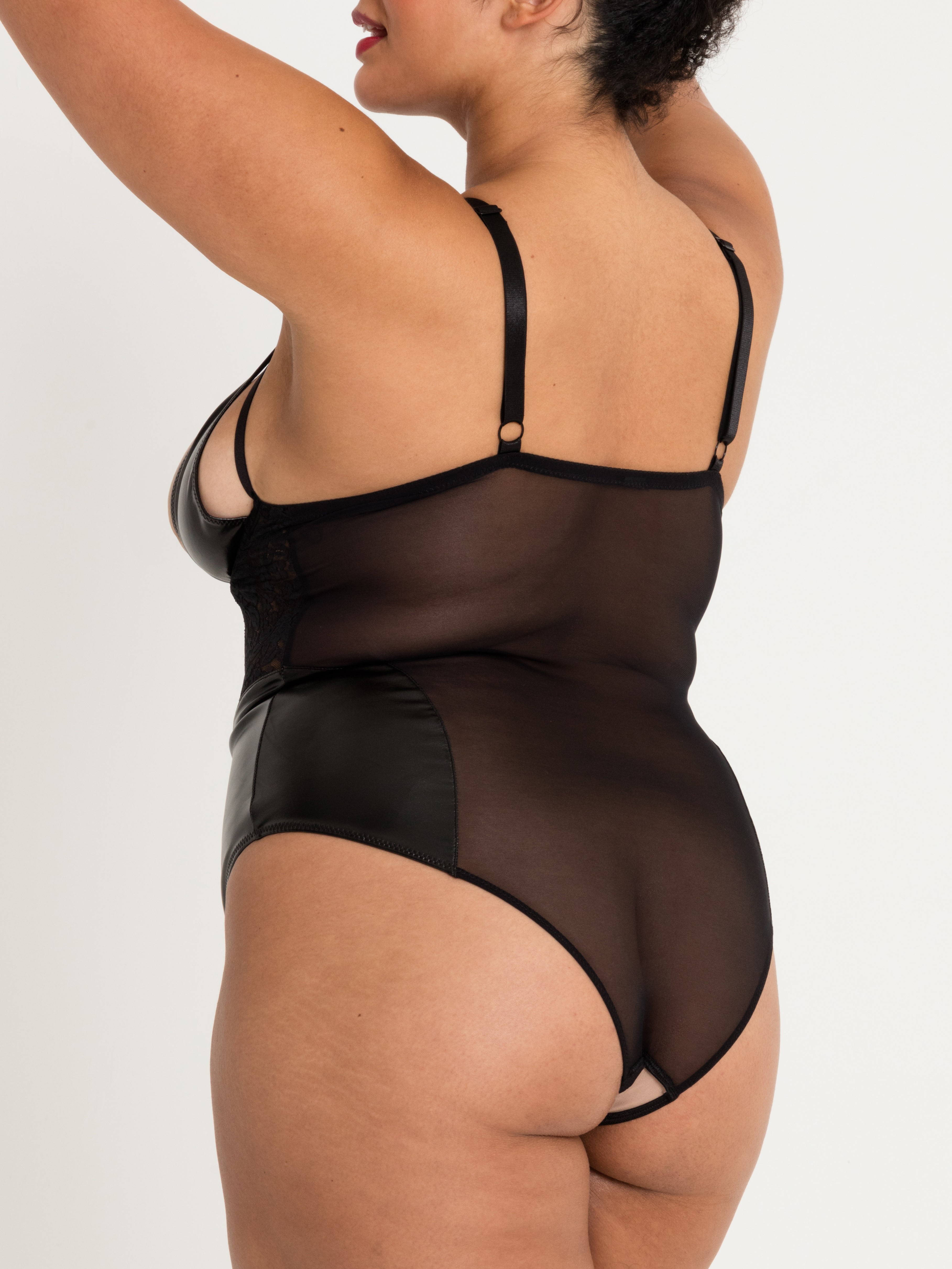 Lovehoney Fierce Muse Wet Look Crotchless Teddy, Black, hi-res